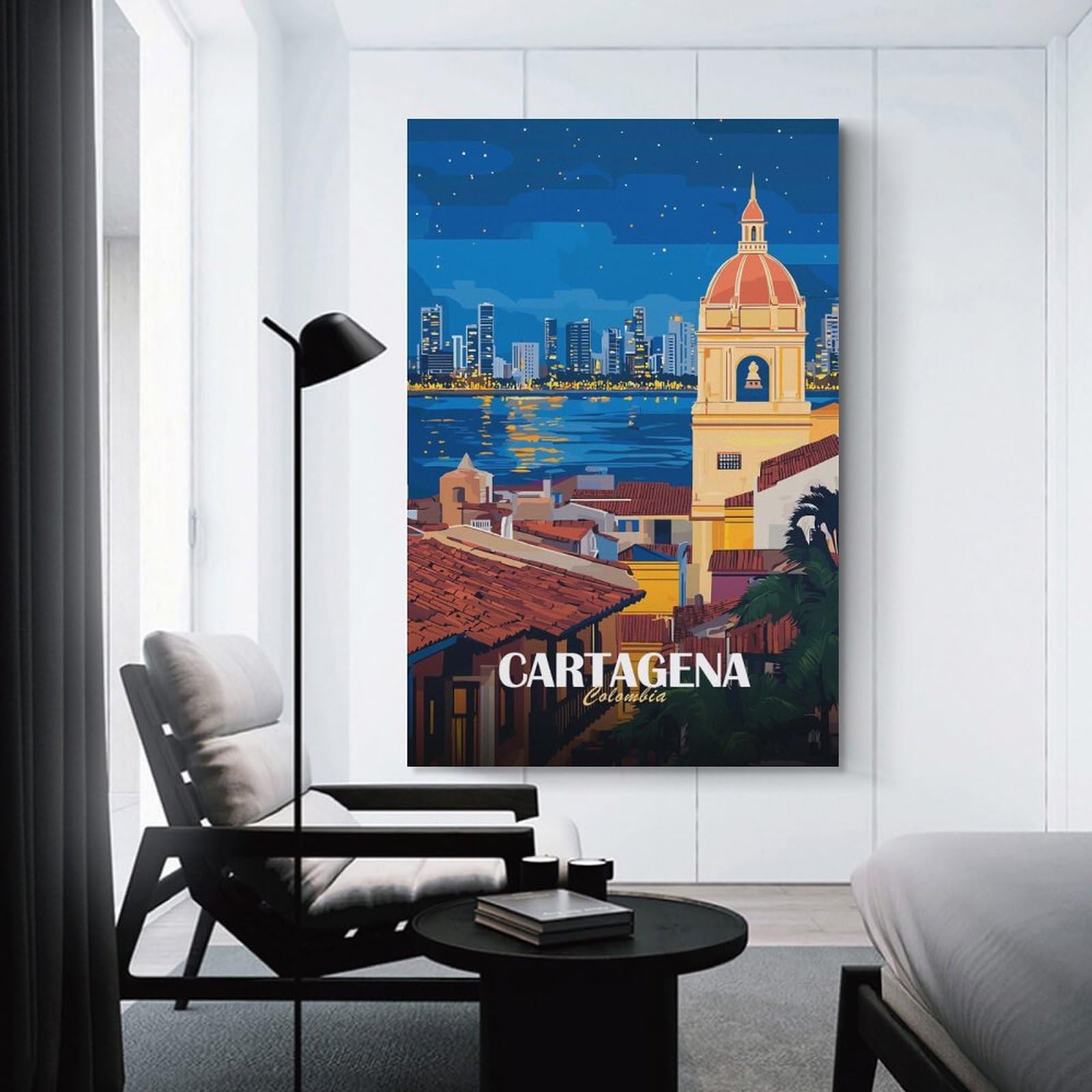 Junmoney Decorative Wall Artwork Cartagena Colombia Cityscape at Night, 08x12inch(20x30cm), for Calm Bedrooms, Home Corners Or Flats, An Easy Wall Refresh for Bedrooms