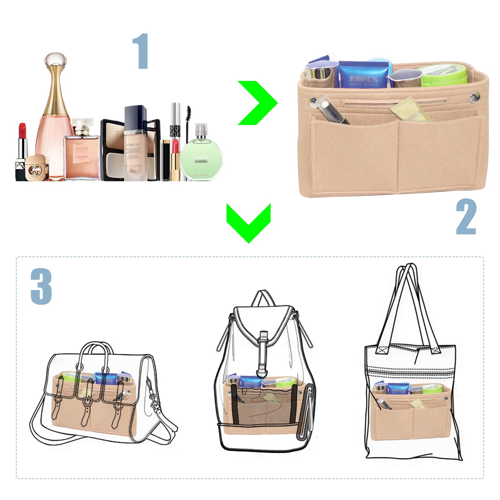 Filcowy organizer do torebki, 24 x 8 x 15 cm, filcowy organizer do torebki, kieszeń wewnętrzna na torebki z wieloma przegródkami (beżowy)