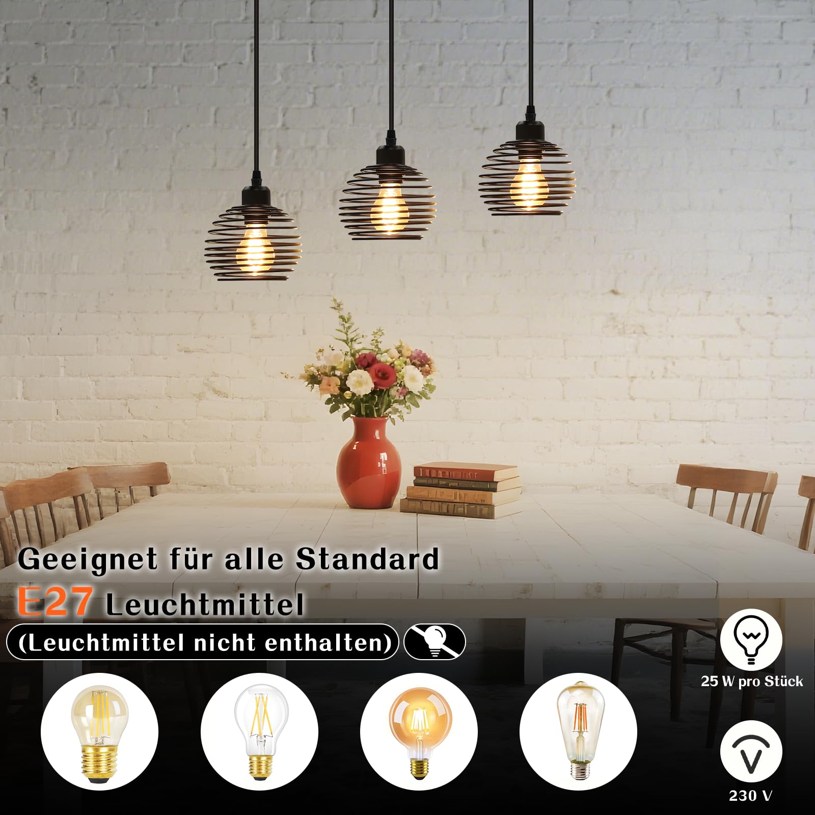 ZMH Lámpara colgante vintage industrial altura ajustable metal negro tres pantallas esféricas E27 25W