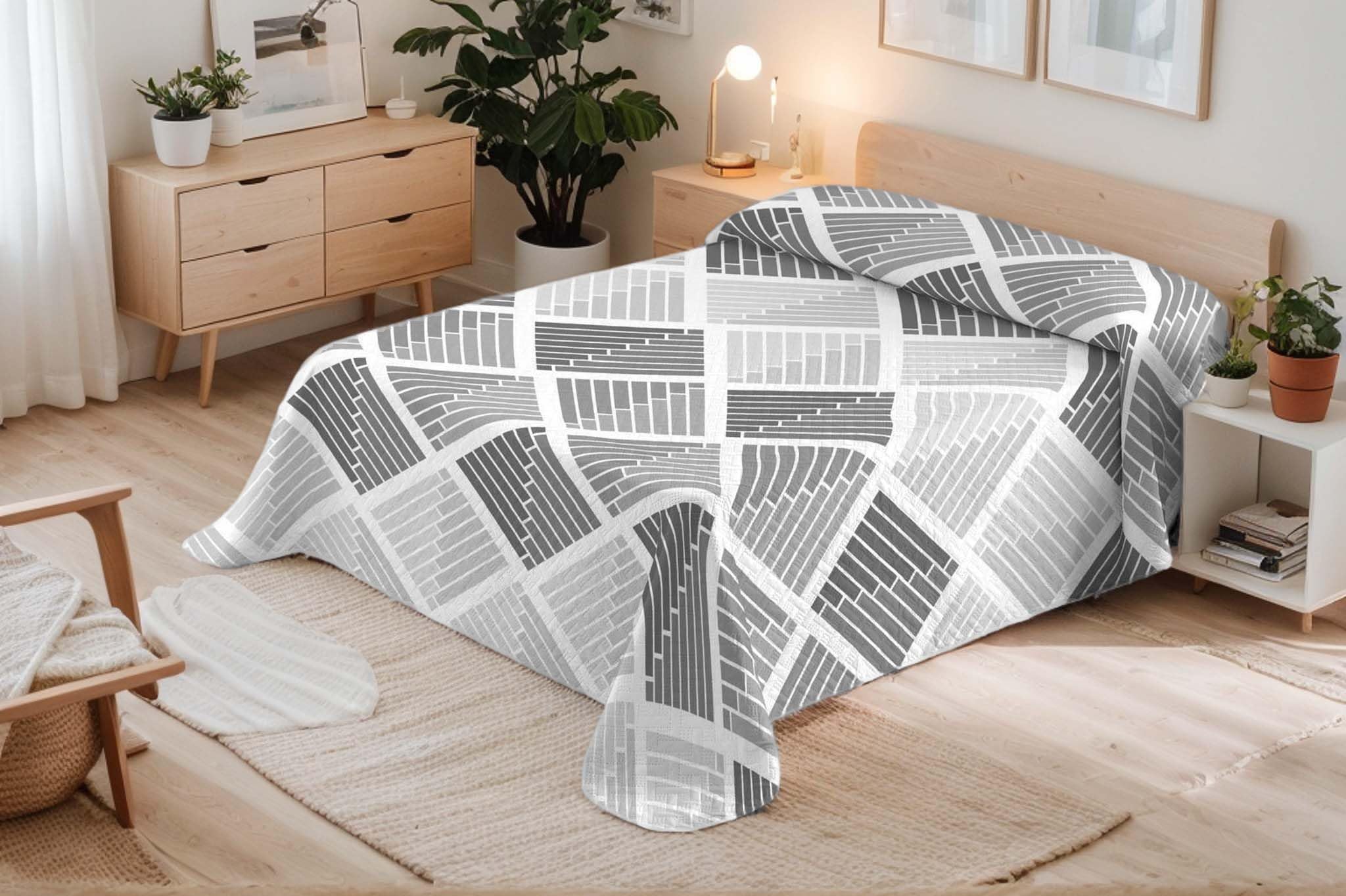 BESCH Colcha Boutis para Primavera y Verano Reversible Estampado Muy Fina Ligera 180x260cm - Colcha Ligera Fina Entretiempo para Cama 90 (Estampado Geometría Gris)