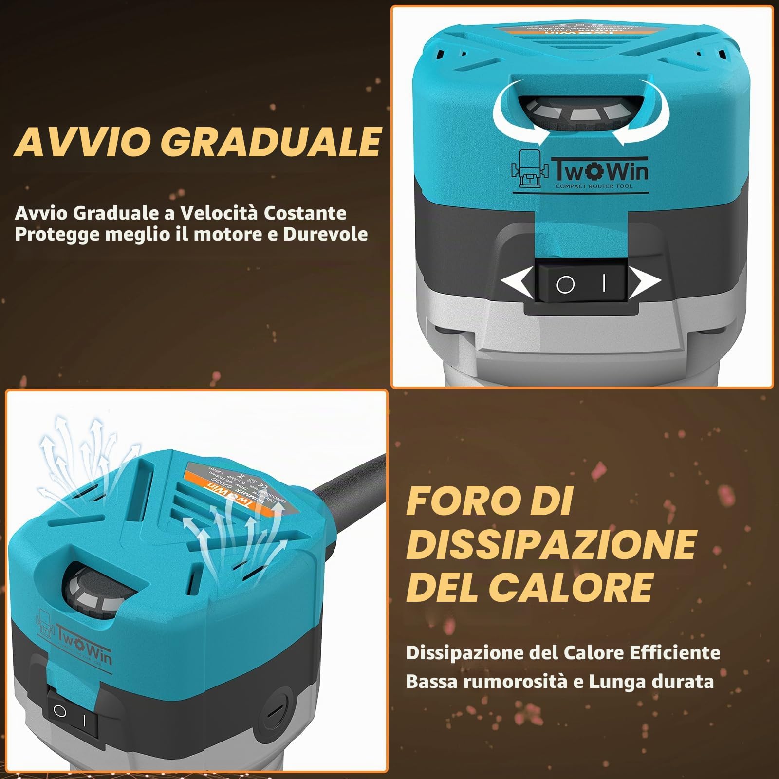 TwoWin - Fresa per legno, 6,5 A, 1,25 HP, portatile, compatta, per la lavorazione del legno, 6 velocità variabili, base fissa, per laminato, con cappuccio antipolvere, 15 punte