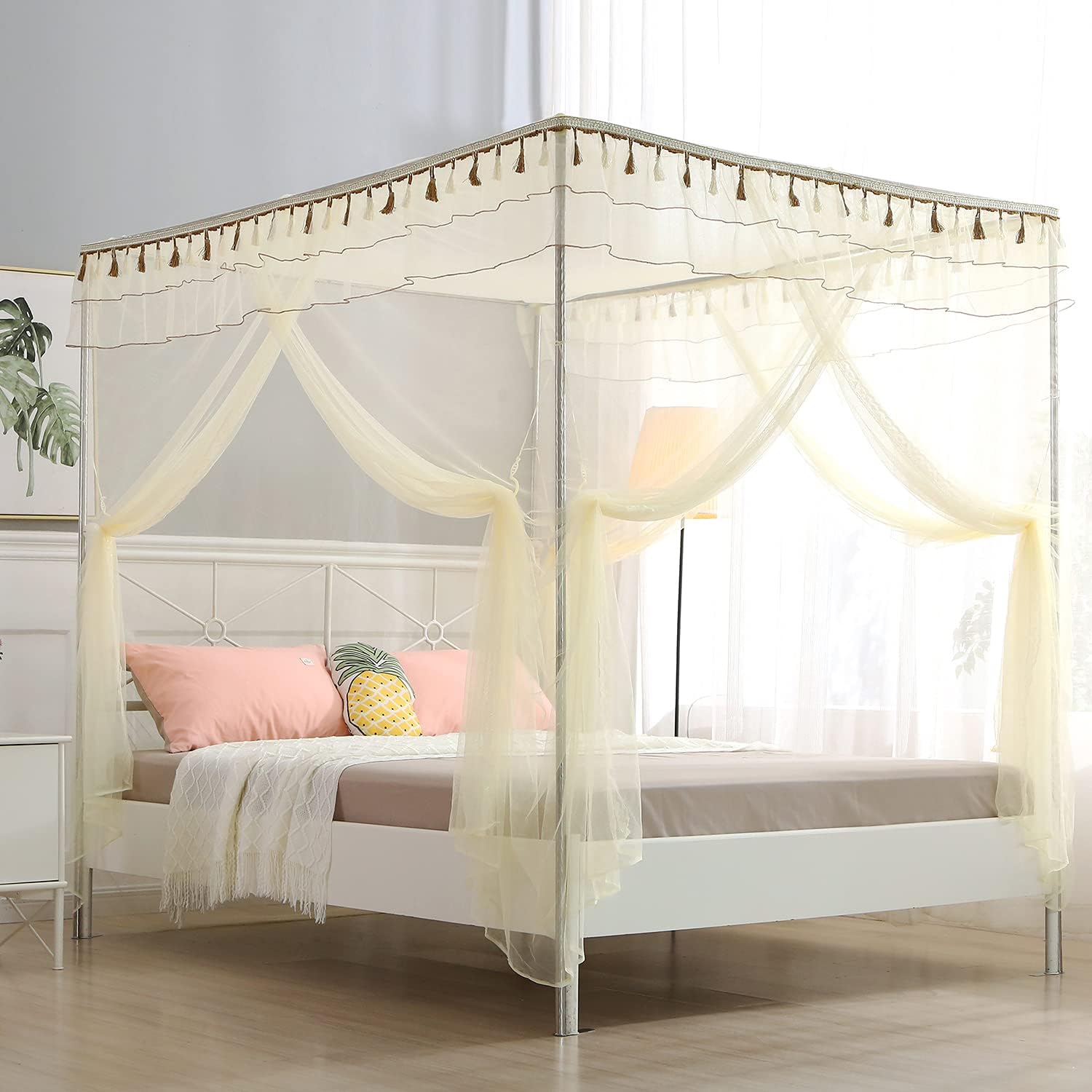 JQWUPUPLuxury Bed Curtains Canopy, Ruffle Tassel 4 Corner Post Canopy Netting, Bed Canopy for Girls Kids Toddlers Crib Adult, Bedding Décor (Queen, Beige)