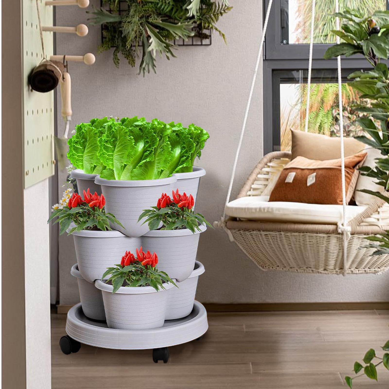 Vasi per fragole a 4 livelli, torre per piantare fragole, vaso verticale con ruote flessibili, torre impilabile per piante da giardino per verdure, fiori