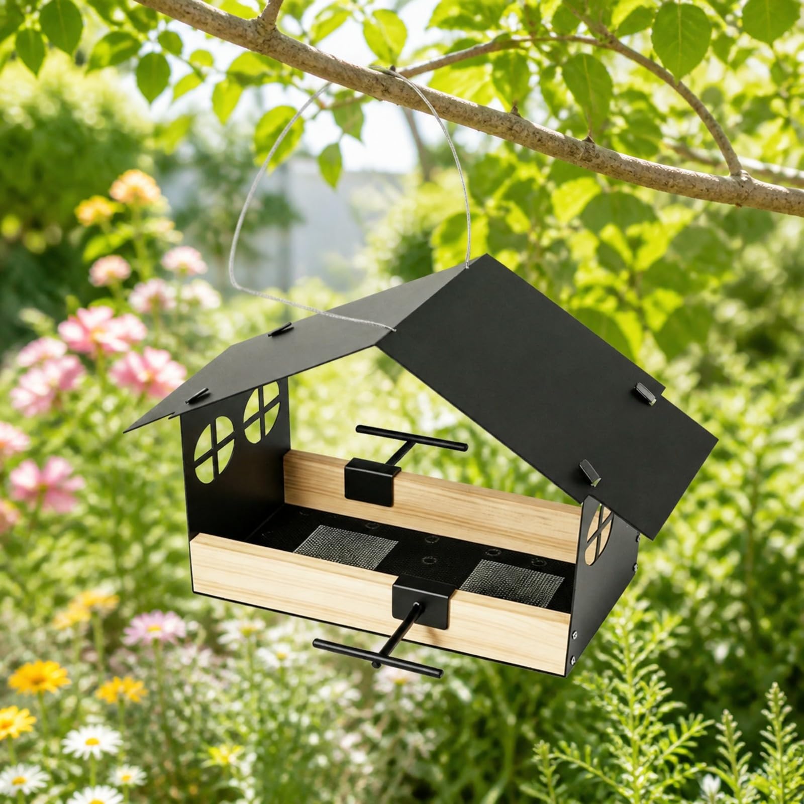 Mangiatoia a Forma di Casetta Sospesa Mangiatoia con Tetto a Spiovente Resistente Pioggia Accessorio da Giardino per Balcone, Nero