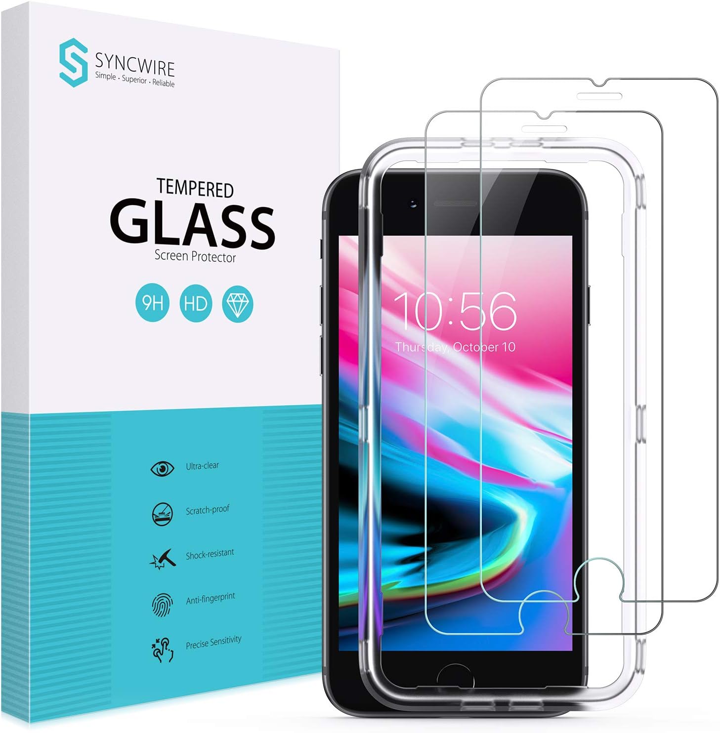 SYNCWIRE Shatterproof Screen Protector for iPhone 8/7/6S/6 4.7" [2 Pack], Tempered Glass Film with Auto Alignment Tool [99% HD Clear, 9H Hardness, Bubble Free, Sensitive Touch, Anti-Smudge]