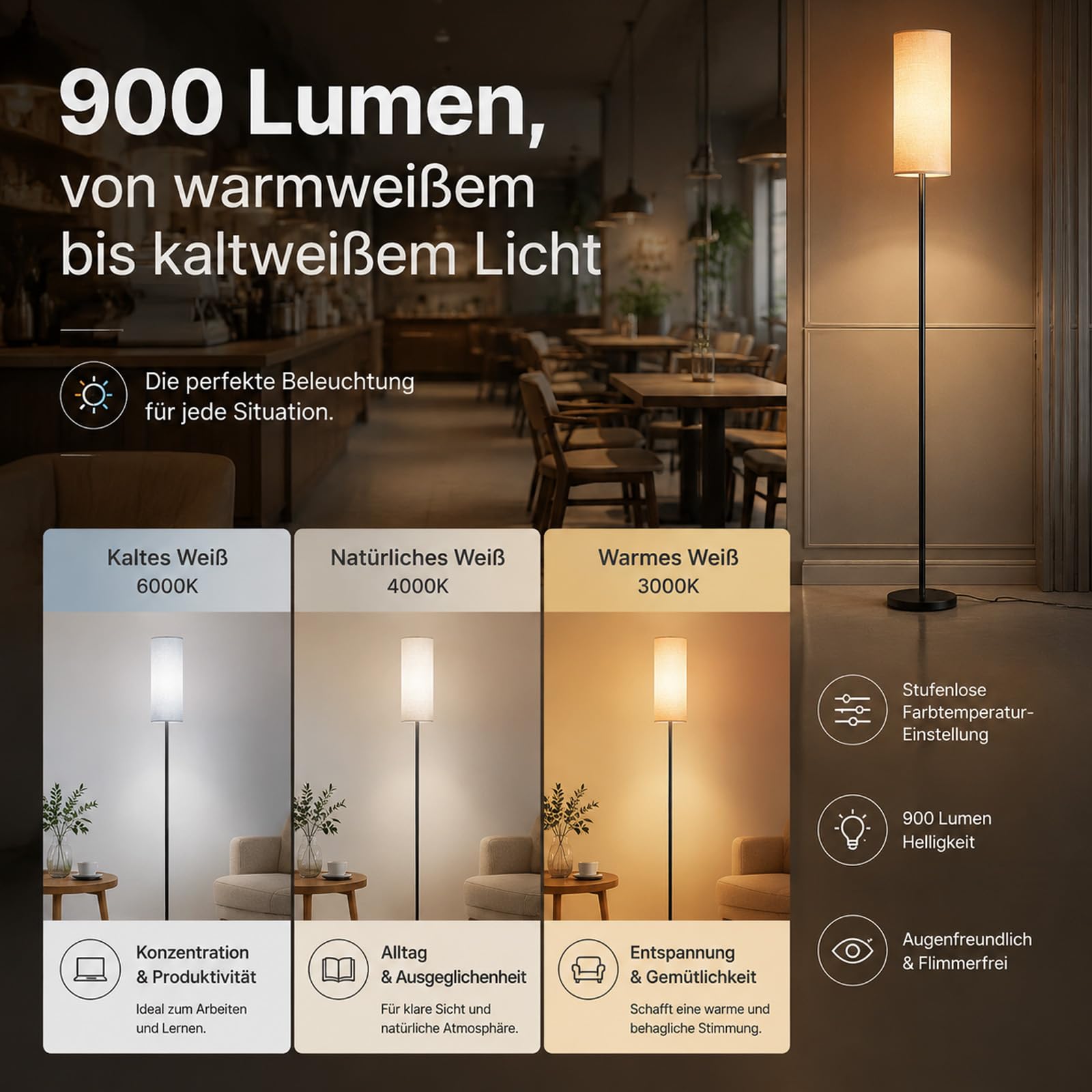 Stehlampe Wohnzimmer, Stehlampe Dimmbar, LED Leselampe mit APP-Steuerung& Fernbedienung& Fußschalter, Minimalismus Stehlampen mit Leinen Lampenschirm 3 Farbtemperaturen Für Schlafzimmer, Wohnzimmer