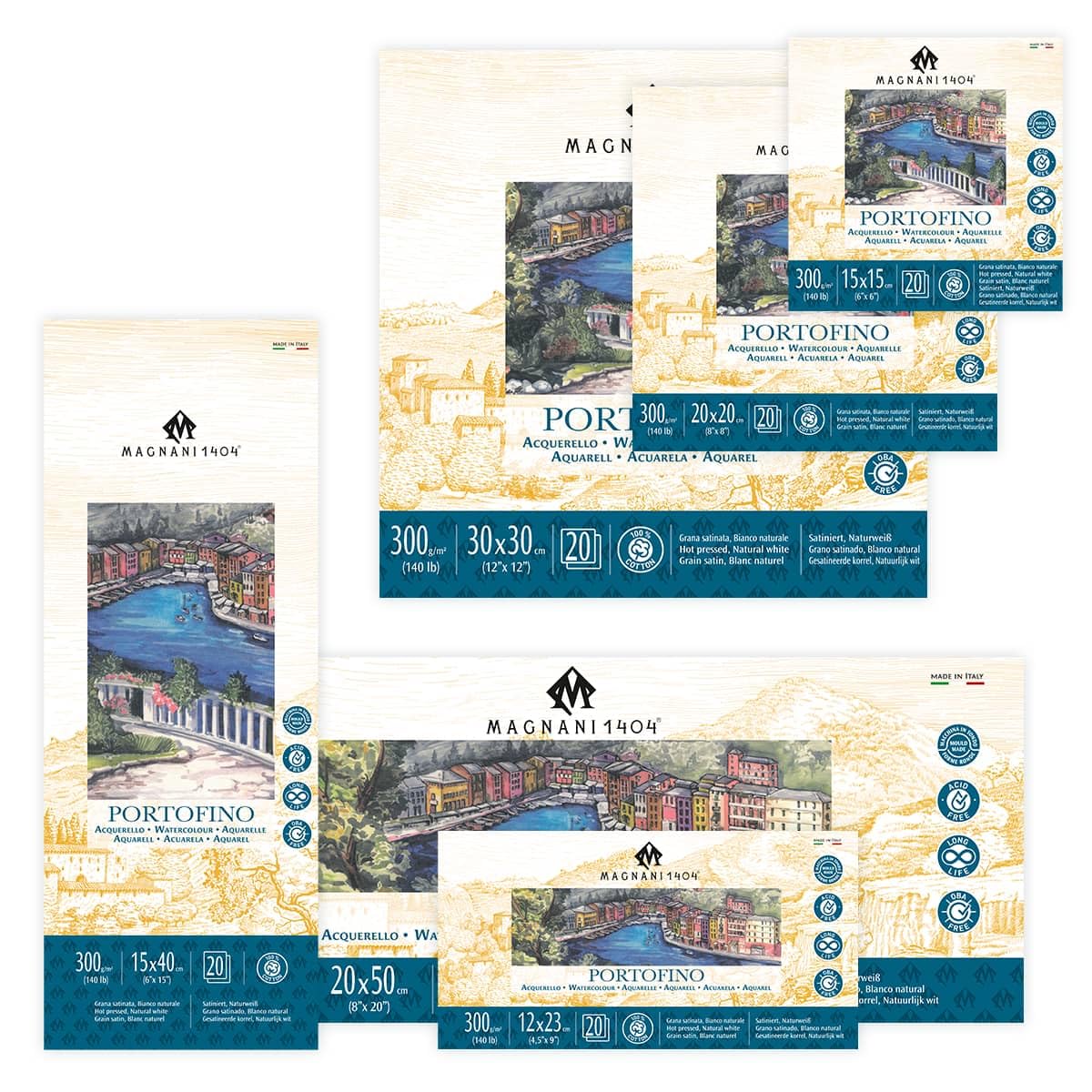 Magnani 1404 Portofino Blocco di Carta Acquerello 100% Cotone Stampa a Caldo 20 Fogli 4,5x9, 63,5 kg, Acid-Free, Resistente ai raggi UV, PH Neutro, Vegan Size Acquerello Carta per Artisti Made in