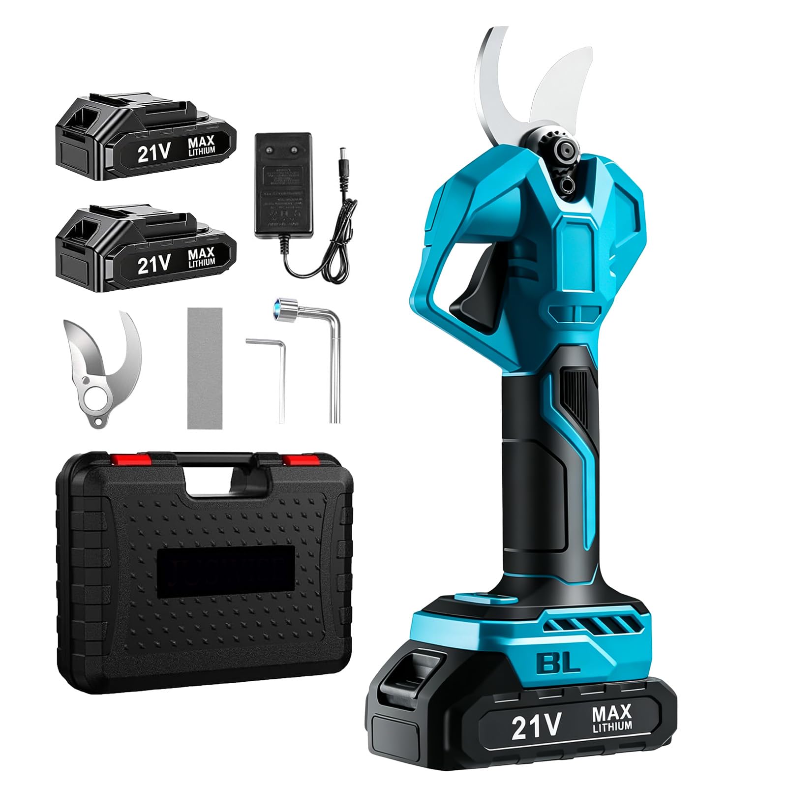 Tijeras de podar eléctricas con batería con motor sin escobillas, cuchillas SK5, batería recargable con indicador de carga, diámetro máximo de corte de 50 mm, para el jardín, 2 baterías de 1500 mAh