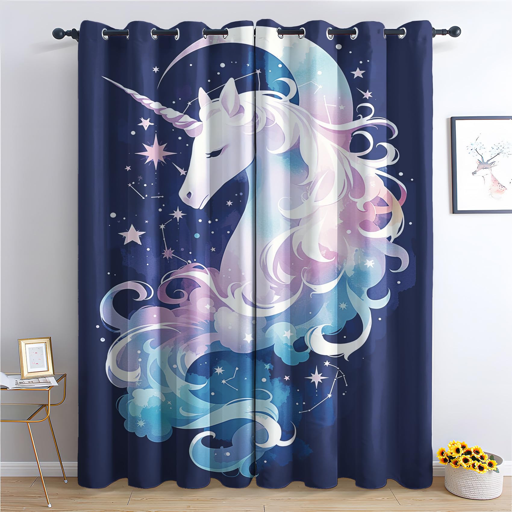 Generisch Vorhänge Einhorn - Mädchen Navy Blau Fenster Gardinen mit Ösen, Vorhang Blickdicht Verdunklungsvorhänge Thermovorhang für Wohnzimmer Schlafzimmer Deko 2er Set, H 160 x B 132 cm D-#63