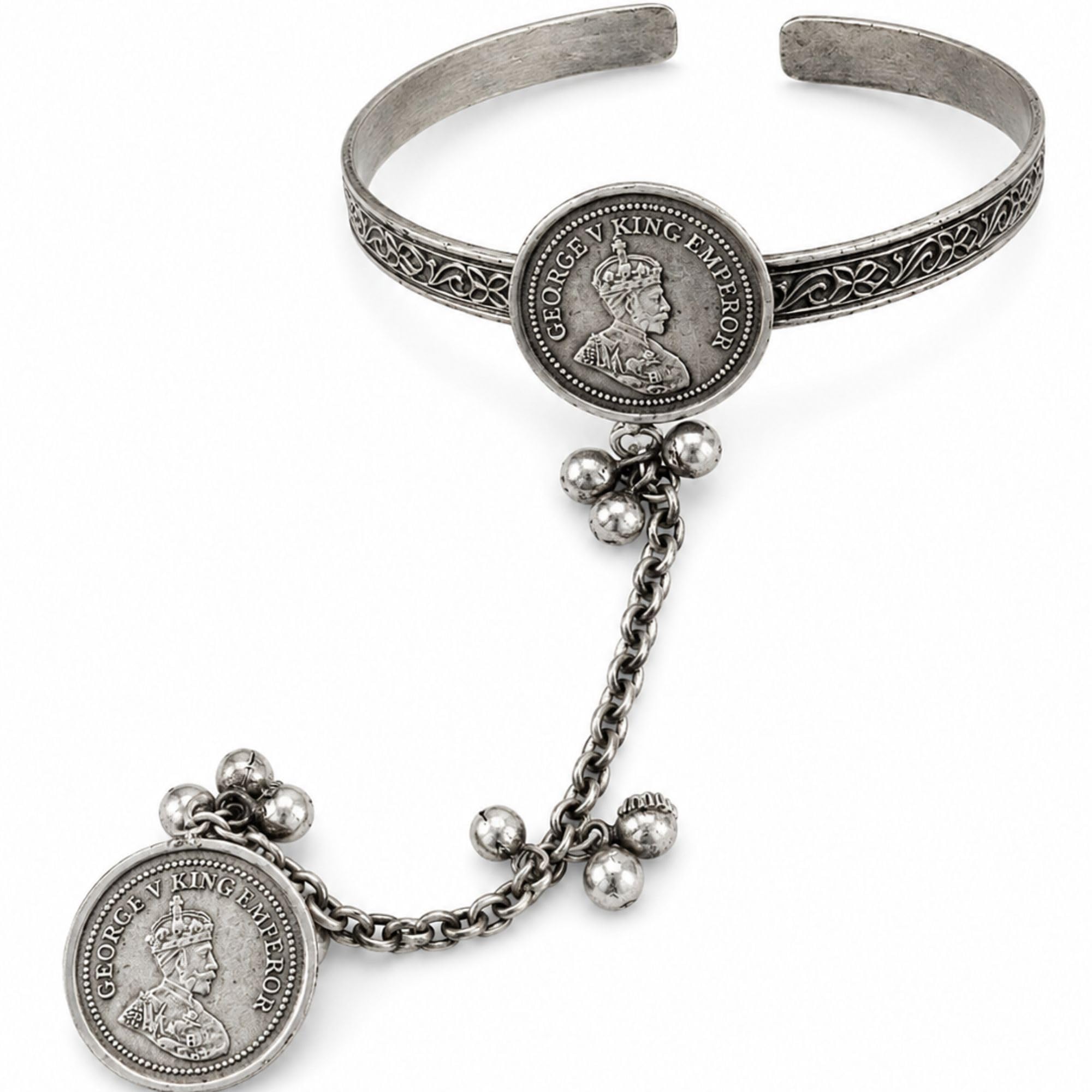 sanjog German Silver Plated Ghungroo Charm, Beaded Oxidised Cuff Ring Bracelet For Womem-picture-5