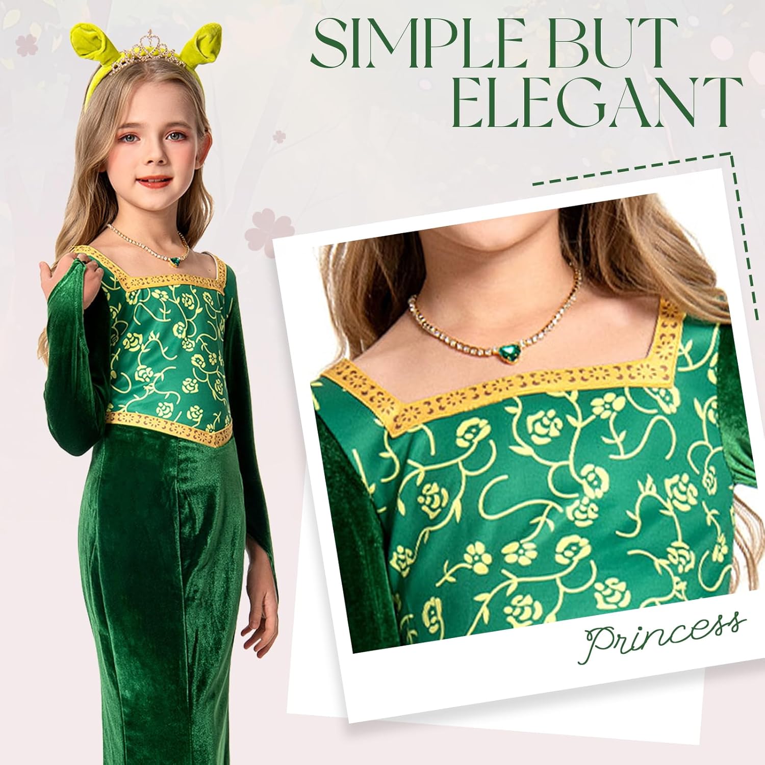 Girls Princess Costume Green Dress Gown Halloween Cosplay Costume Long Sleeve Dress