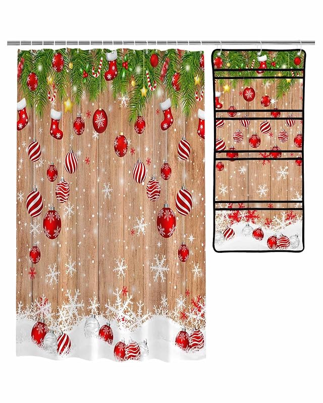 Decorative Shower Curtain Sets Christmas Snowflake Fabric Shower Curtains Winter Xmas Balls Pine Snowy Wooden Grain Brown Mesh