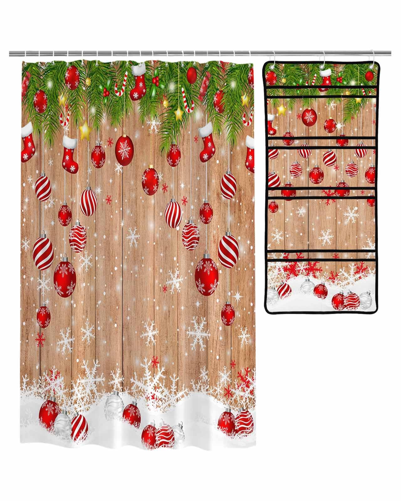 Decorative Shower Curtain Sets Christmas Snowflake Fabric Shower Curtains Winter Xmas Balls Pine Snowy Wooden Grain Brown Mesh