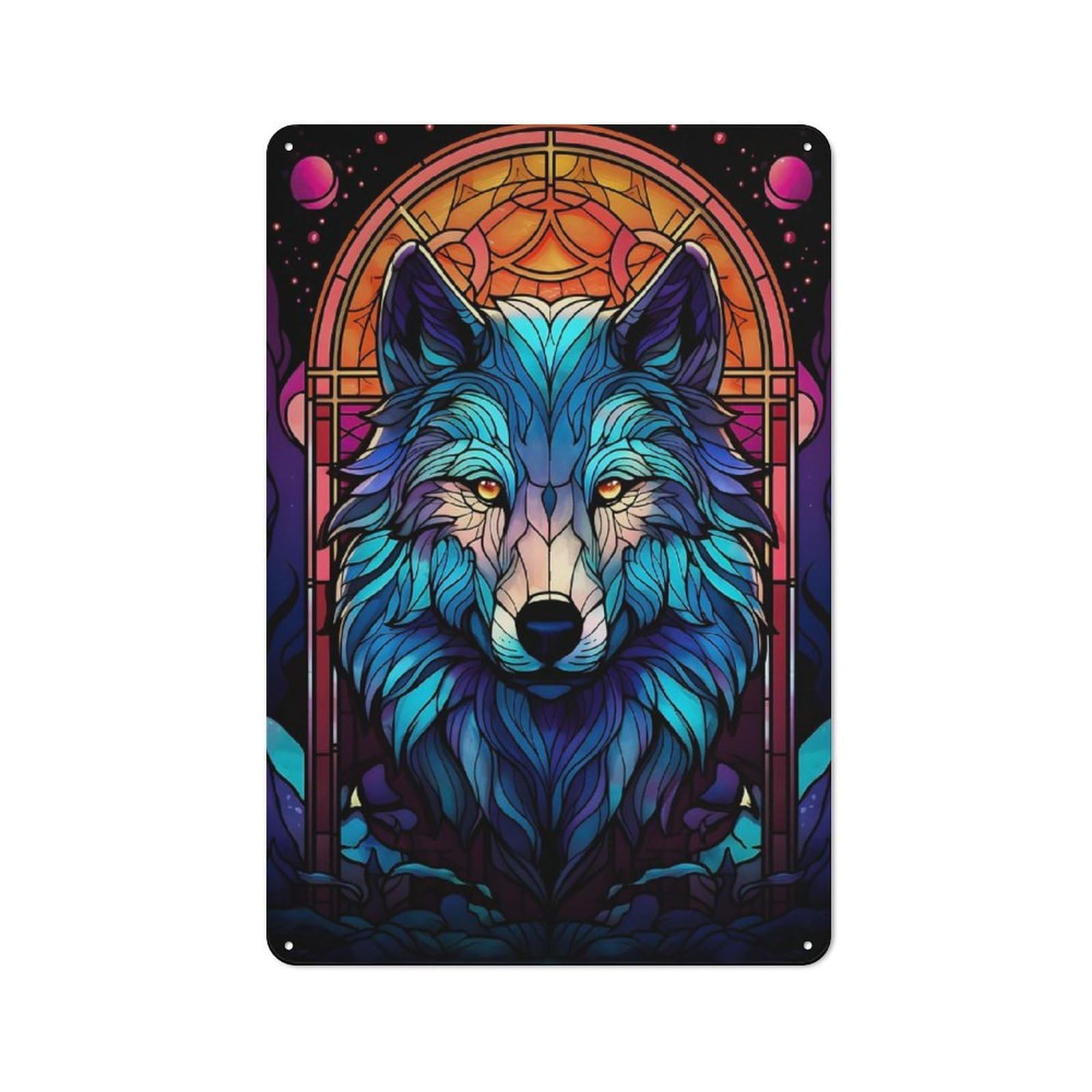 Junmoney Wolf Stained Glass Colorfu Tin Wall Plaque 30X20cm With For Garage Or Workshop, For An Autumn Wall Display In Garage And Workshop