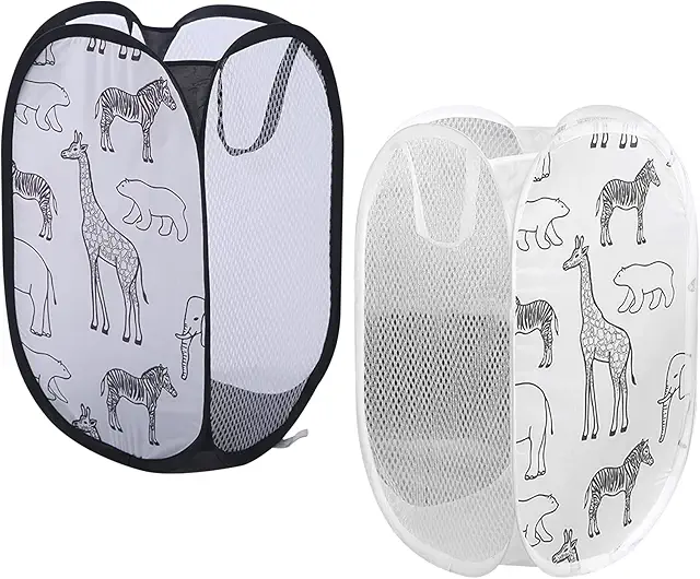 Cesto Brinquedos Plegable con Asas, 30x30x48cm, Blanco y Negro - Paquete de 2