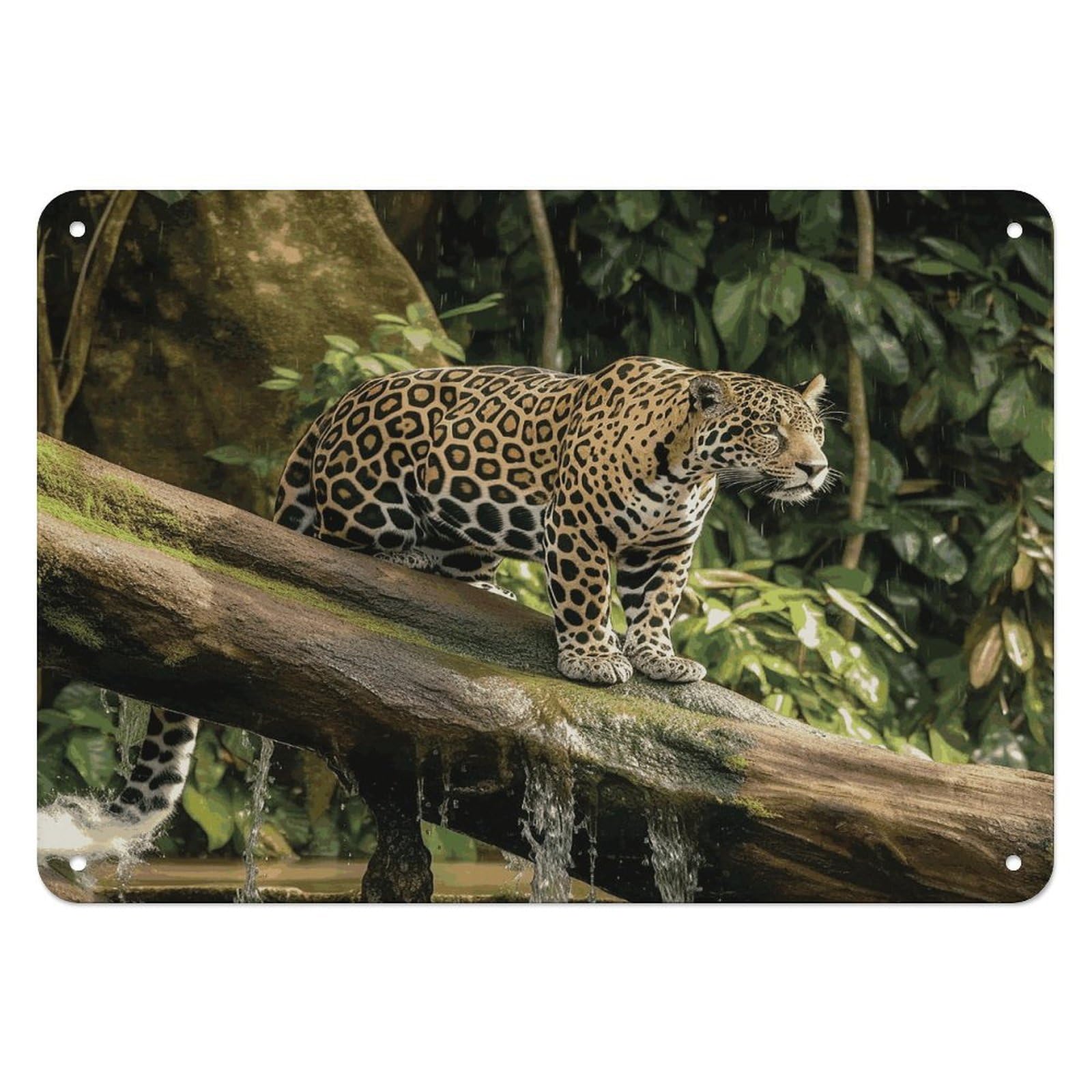 Fekiloot Style Jaguar Cat On Tree Trunk Waterfall Wall Decor Iron Painting Metal Sign
