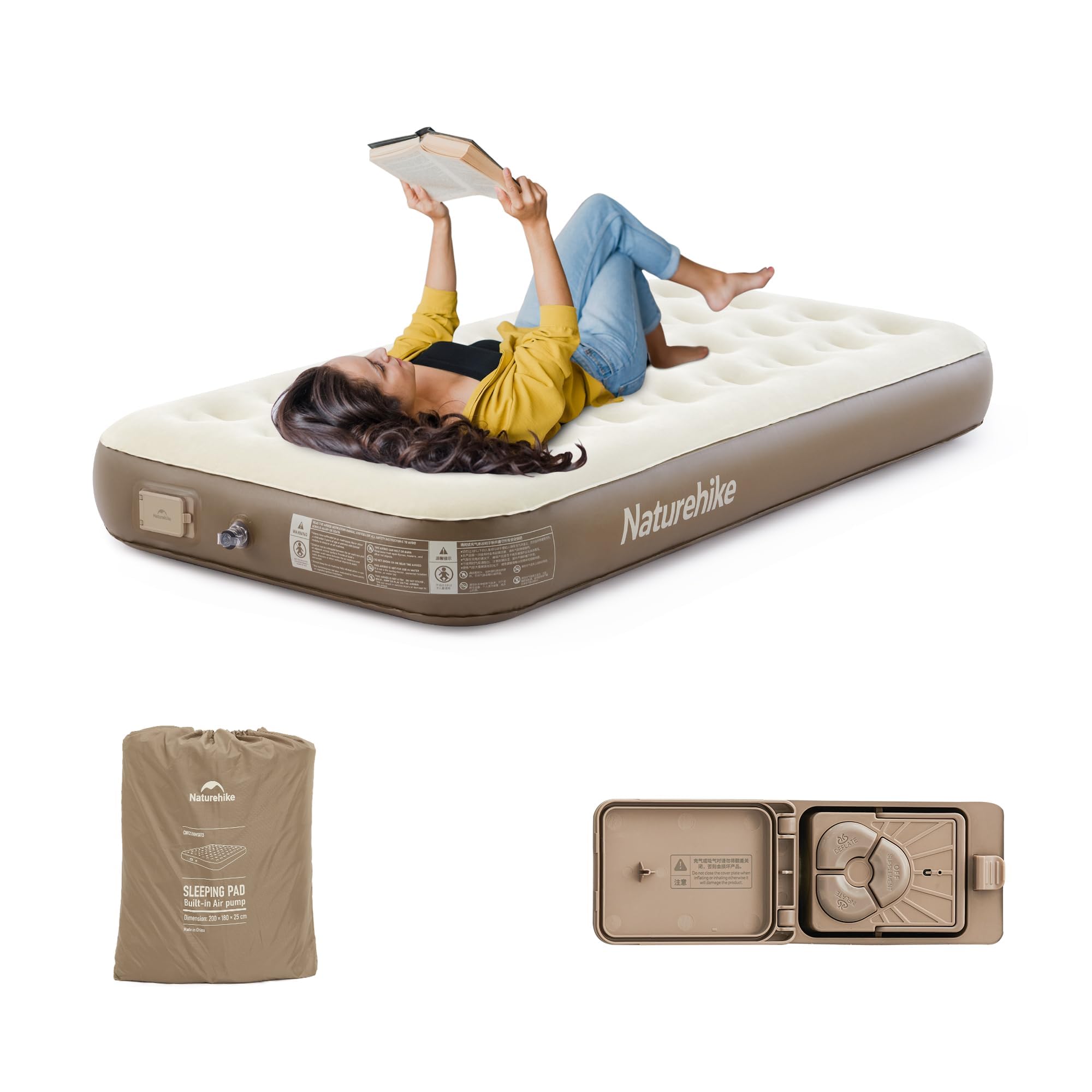 Naturehike Chenjing Inflatable Air Bed, Self-Inflating Air Mattress with Built-in Rechargeable Pump (No Outlet Needed), Portable Blow-Up Mattress for Camping&Travel&Home (1 Man-200 * 100 * 25cm)