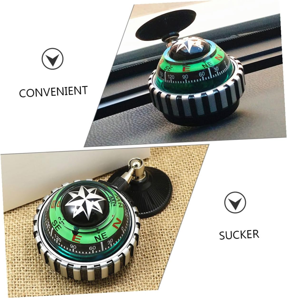 2pcs Adjustable Car Compass with Strong Suction Cup Dash Mount Abs Material Green Colorful Ball for Navigation Guidance Car Boat Truck and Outdoor Activities