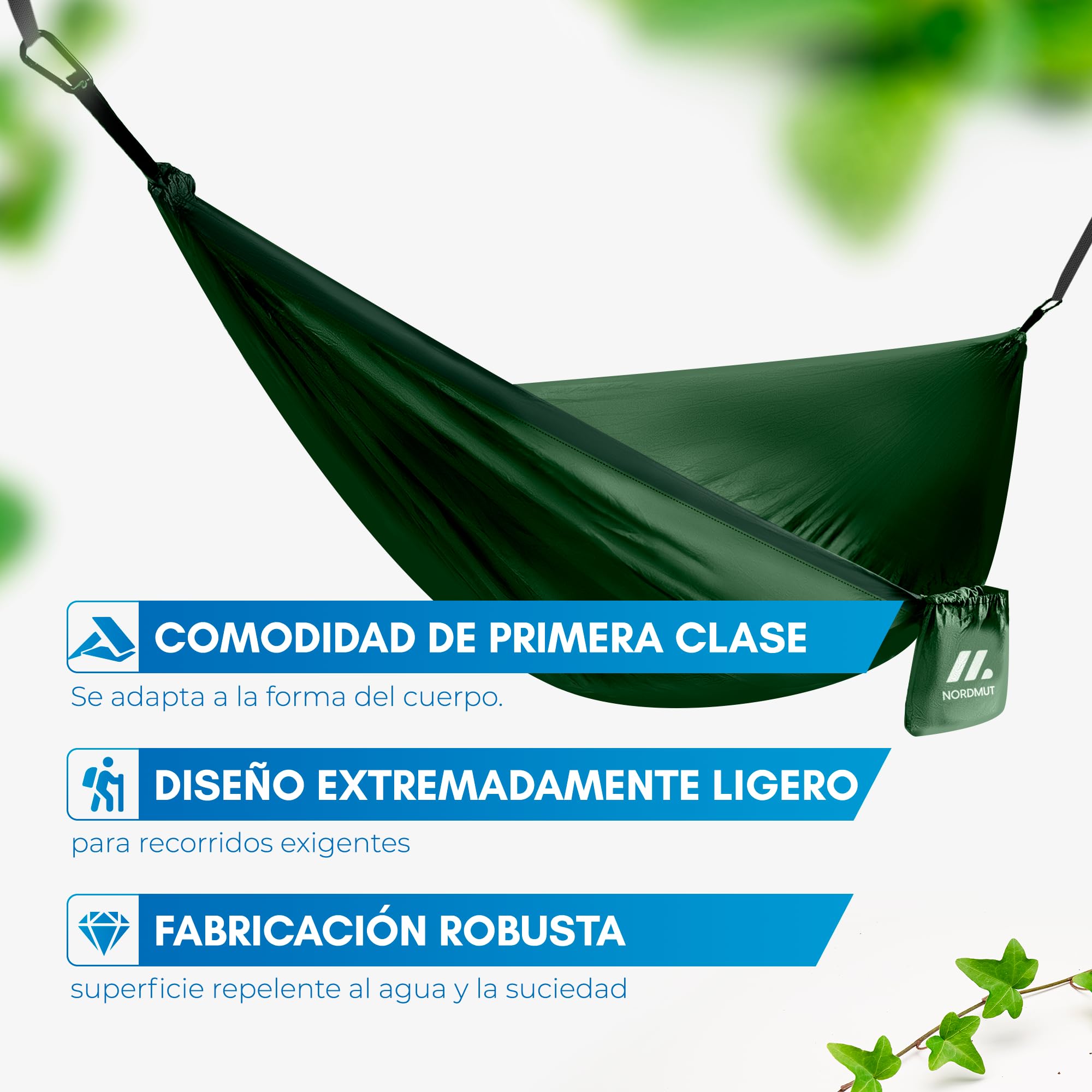 NORDMUT® Hamaca Ultraligera Outdoor [con Kit de Fijación] – Hamaca de Camping con Set de Protección de Árboles para Camping, Outdoor y Jardín – Carga Máxima 300 kg (Verde / 140 x 275 cm)