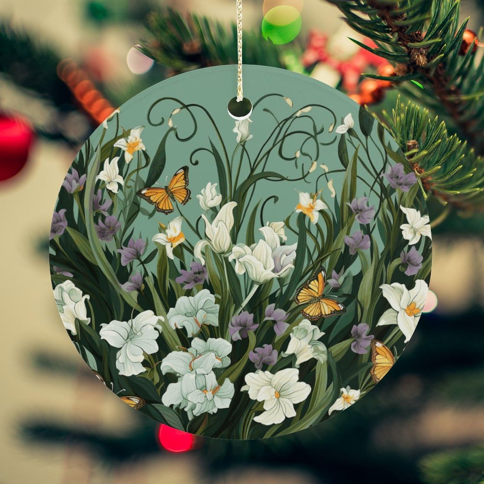 Flowers And Butterflies on Green Background Christmas Ornament for Christmas Tree Ceramic Round Ornament Winter Holiday Keepsake Gift 2.7" Christmas Tree Hanging Decorations Circle Ceramic Pendant Xma