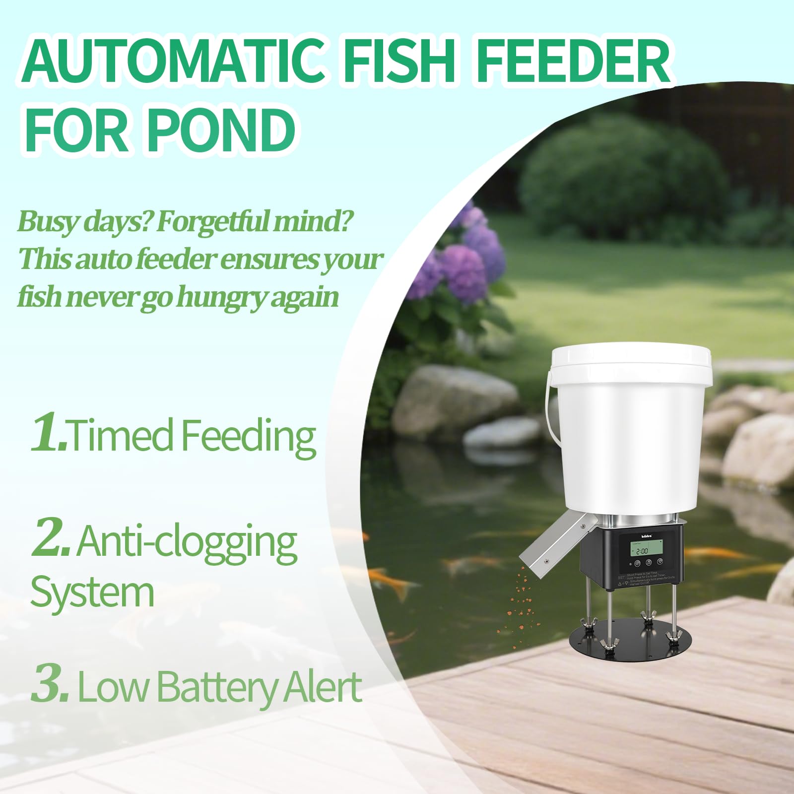 briidea - Comedero automático de peces para estanque, comedero de estanque al aire libre con capacidad de 4 litros, alimentación temporizada, sistema antiobstrucción, diseño a prueba de vida silvestre