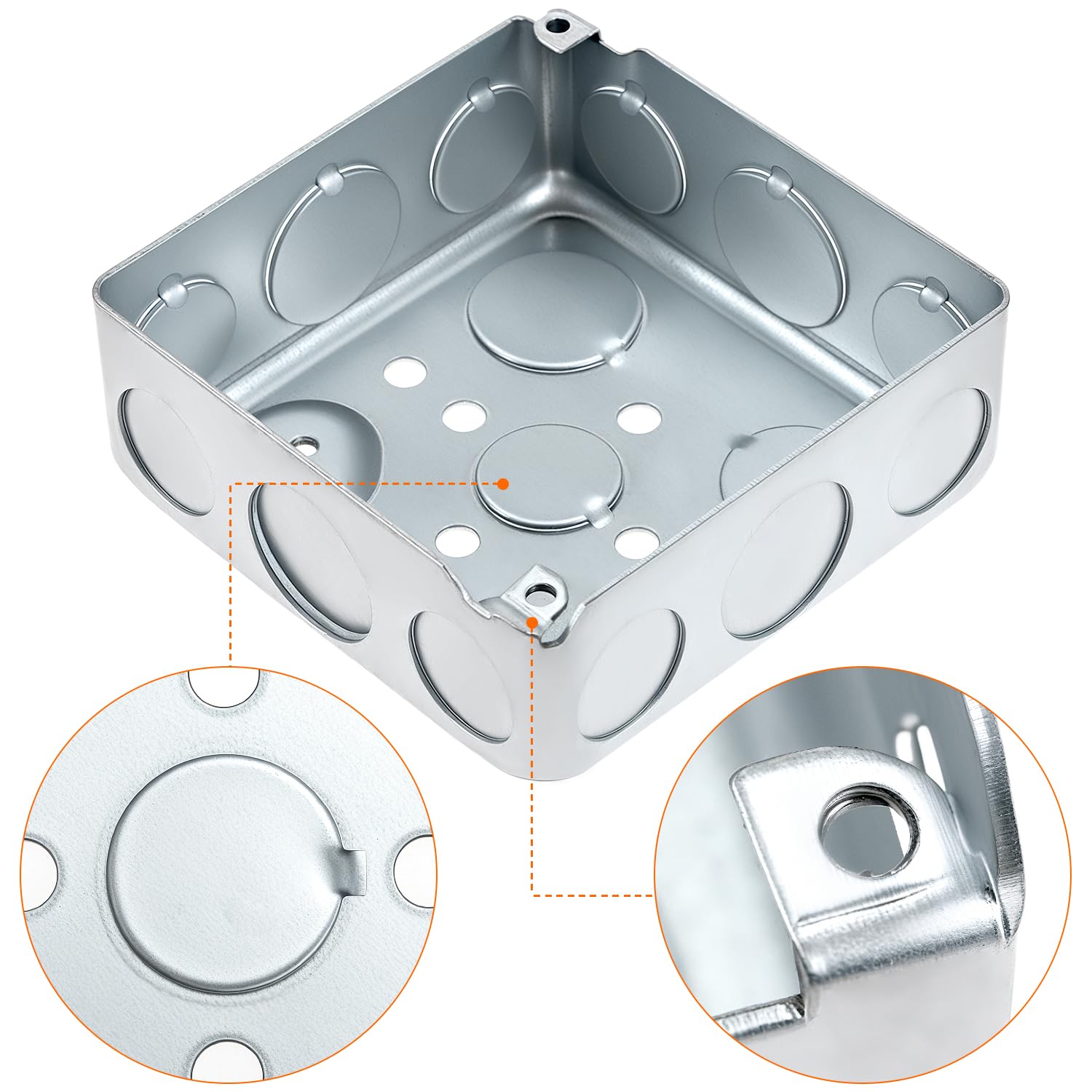 QWORK 4" Square Electrical Box, 12-Pack Galvanized Metal, 21 Cu. in. Capacity, Knockouts 1/2" & 3/4", Electrical Junction Box
