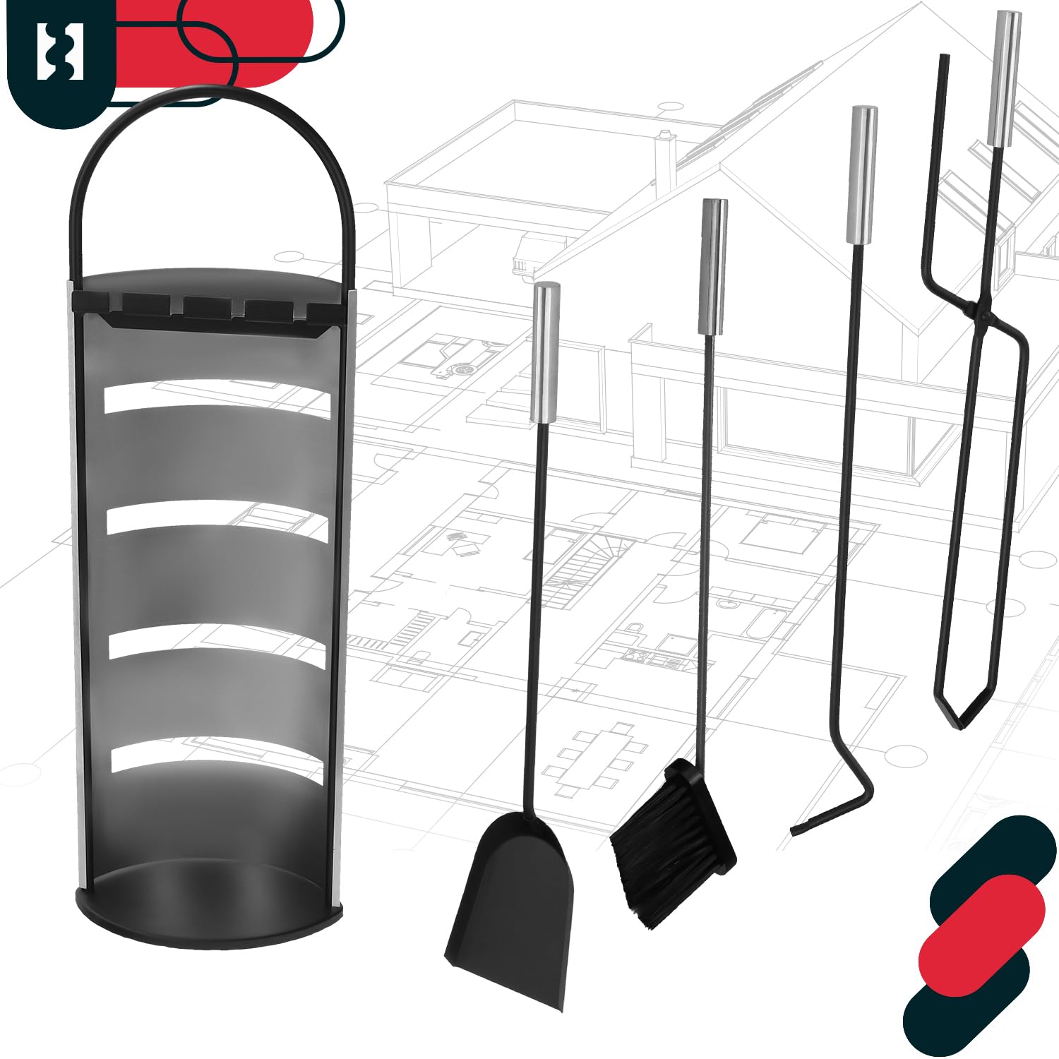 KOTARBAU® Juego de Herramientas para Chimenea de Acero Inoxidable, Set de 5 Piezas: Escoba, Pala, Pinzas y atizador de Ceniza con Soporte de pie, Herramientas para Chimenea, Estufa, Plateado Negro