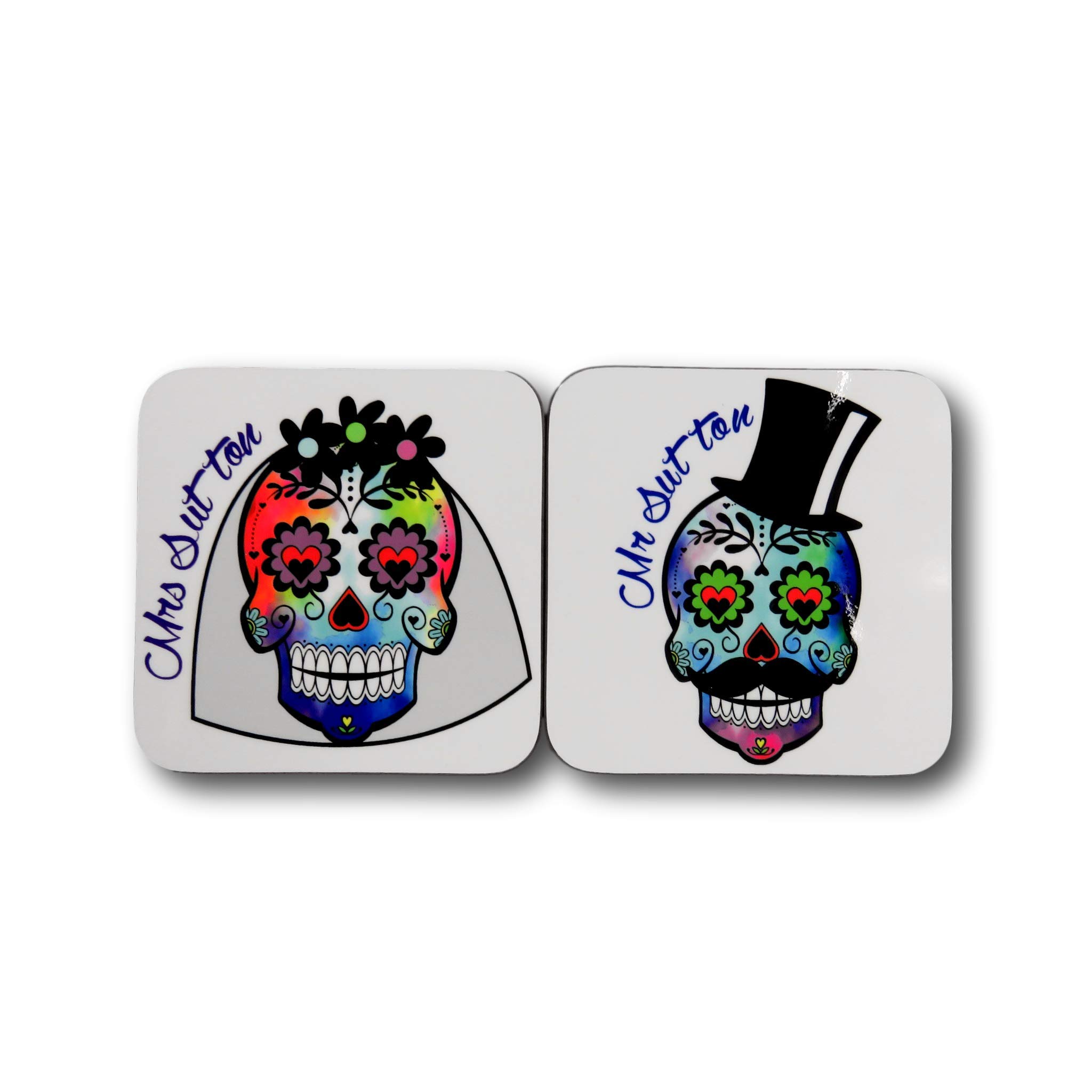 Day of the dead Coaster Set Personalised skulls rockabilly wedding mr and mrs present gift his and hers ~ mr and mrs coasters ~ gift set ~ wedding gift ~ engagement mat