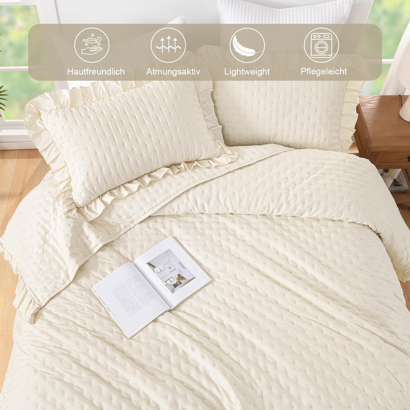 WONGS BEDDING Colcha de 240 x 260 cm, color beige, 3 piezas, incluye 2