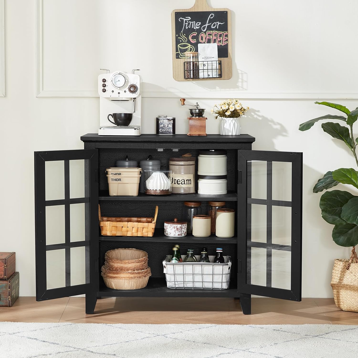 Joaxswe Large Sideboard Buffet Cabinet with Storage, 32" Farmhouse Kitchen Coffee Wine Bar Cabinet with 2 Glass Doors, Wood Mid Century Modern Side Board Table for Dining Room, Living Room, Black