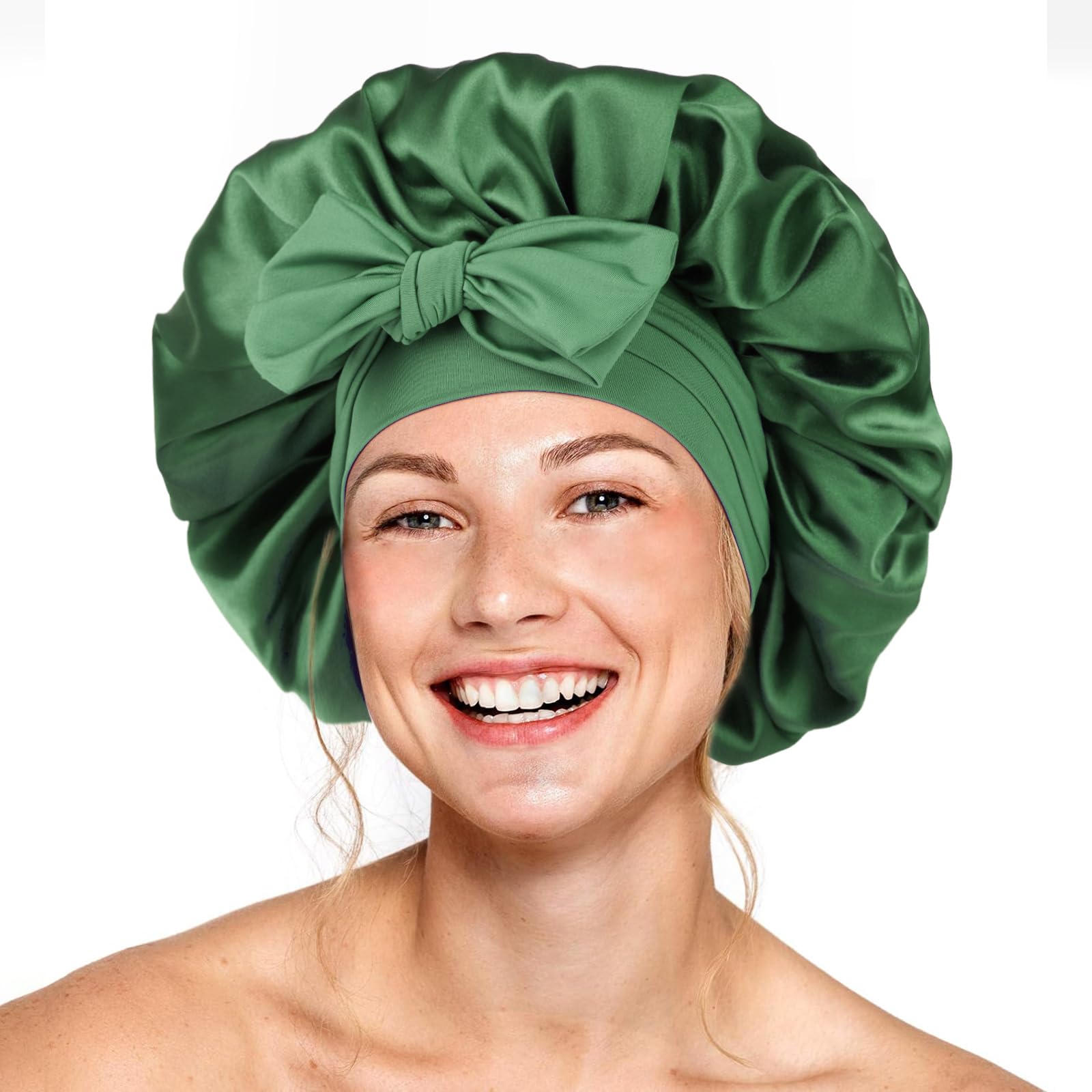 Silk Bonnet for Sleeping Women Double Layer Satin Bonnet Hair Bonnet with Elastic Tie Band Adjustable Bonnet for Curly Hair（Olive Green）