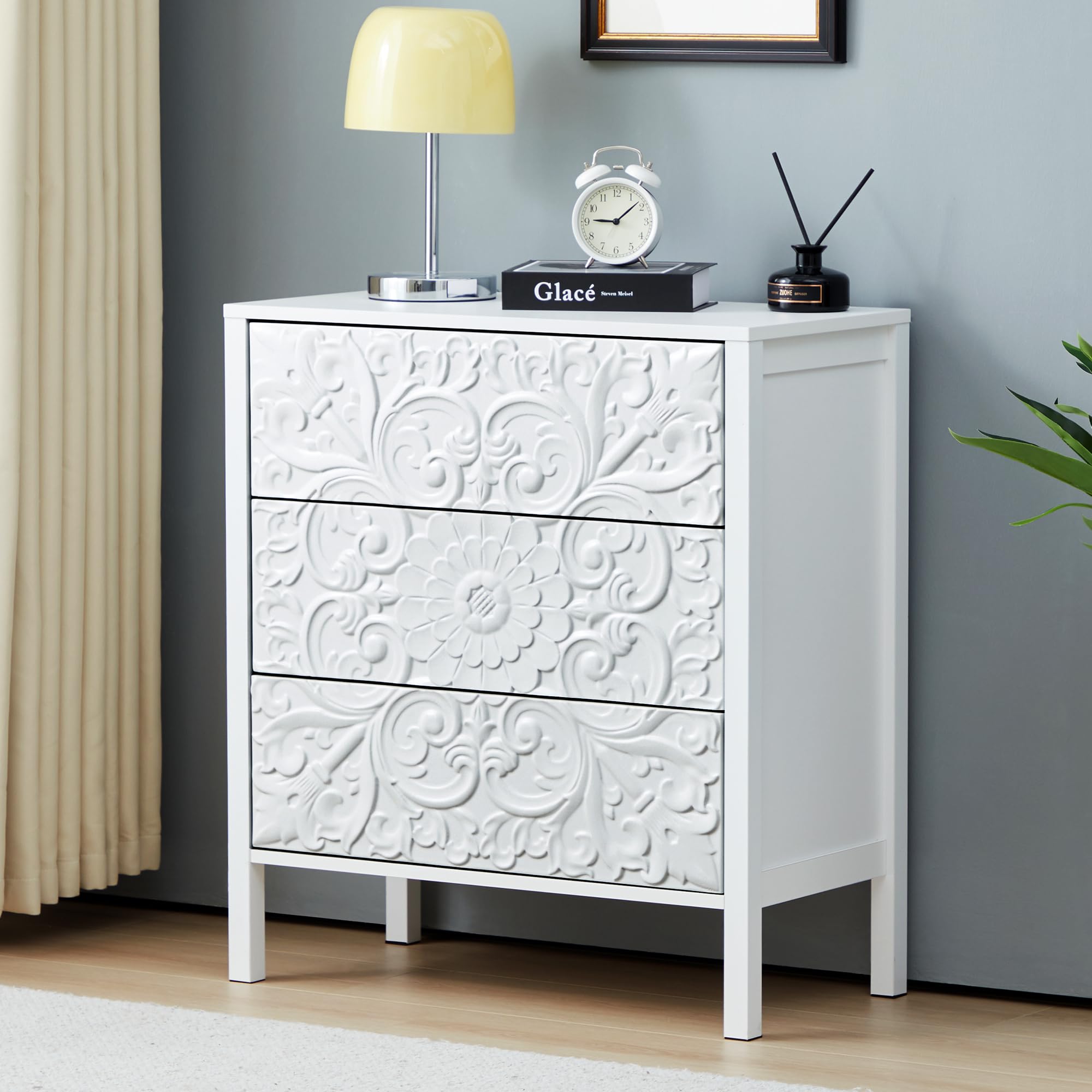 weselon White 3 Drawer Dresser, Wide Chest of Drawers with Storage, Accent Nightstand Cabinet Luxury Carving Dresser for Bedroom Hallway Living Room