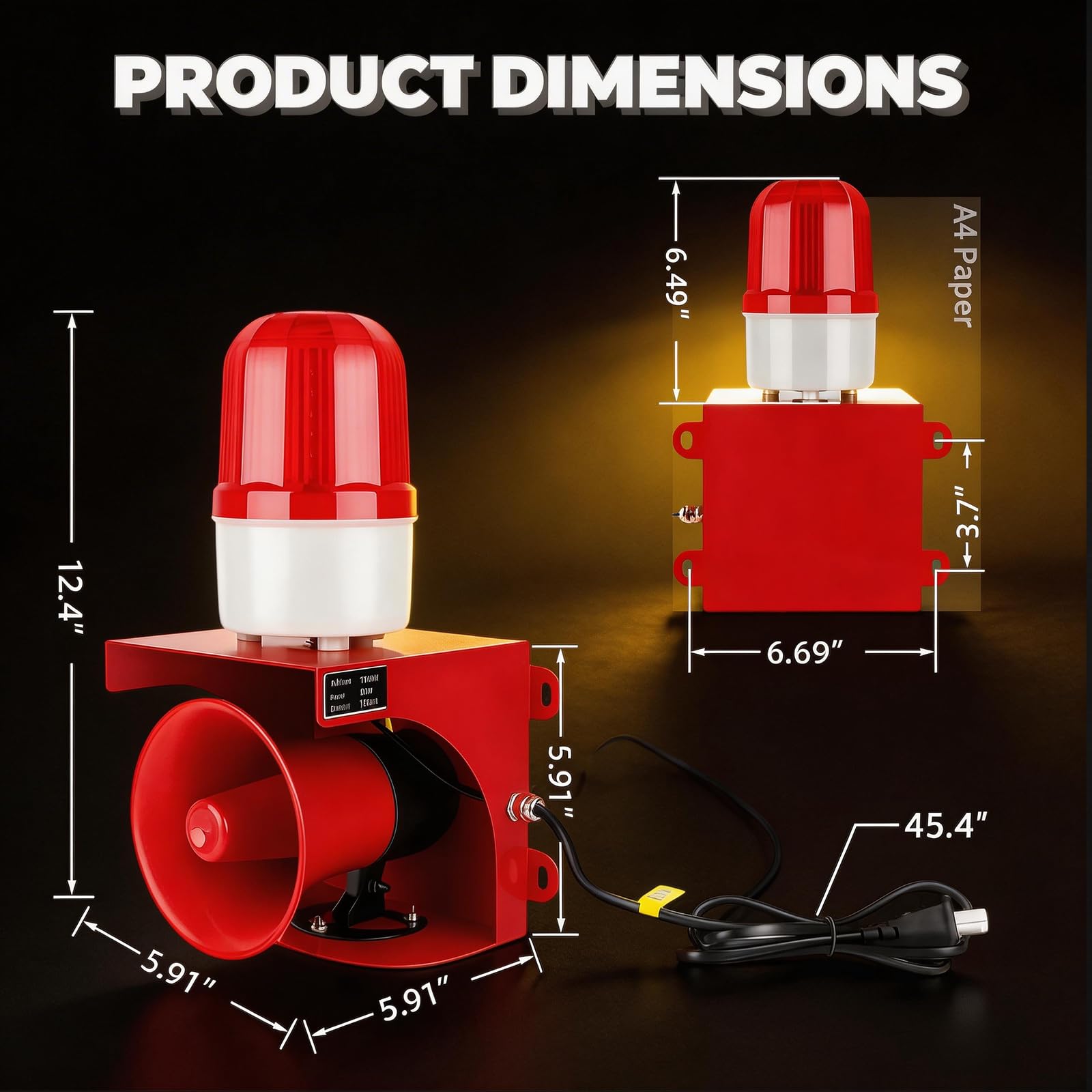 AC110V-120V - Alarma de sirena industrial con luz estroboscópica de 120 dB, cuerno fuerte y faro rojo, alarma de seguridad impermeable para interiores y exteriores para emergencias, fábrica, oficina,