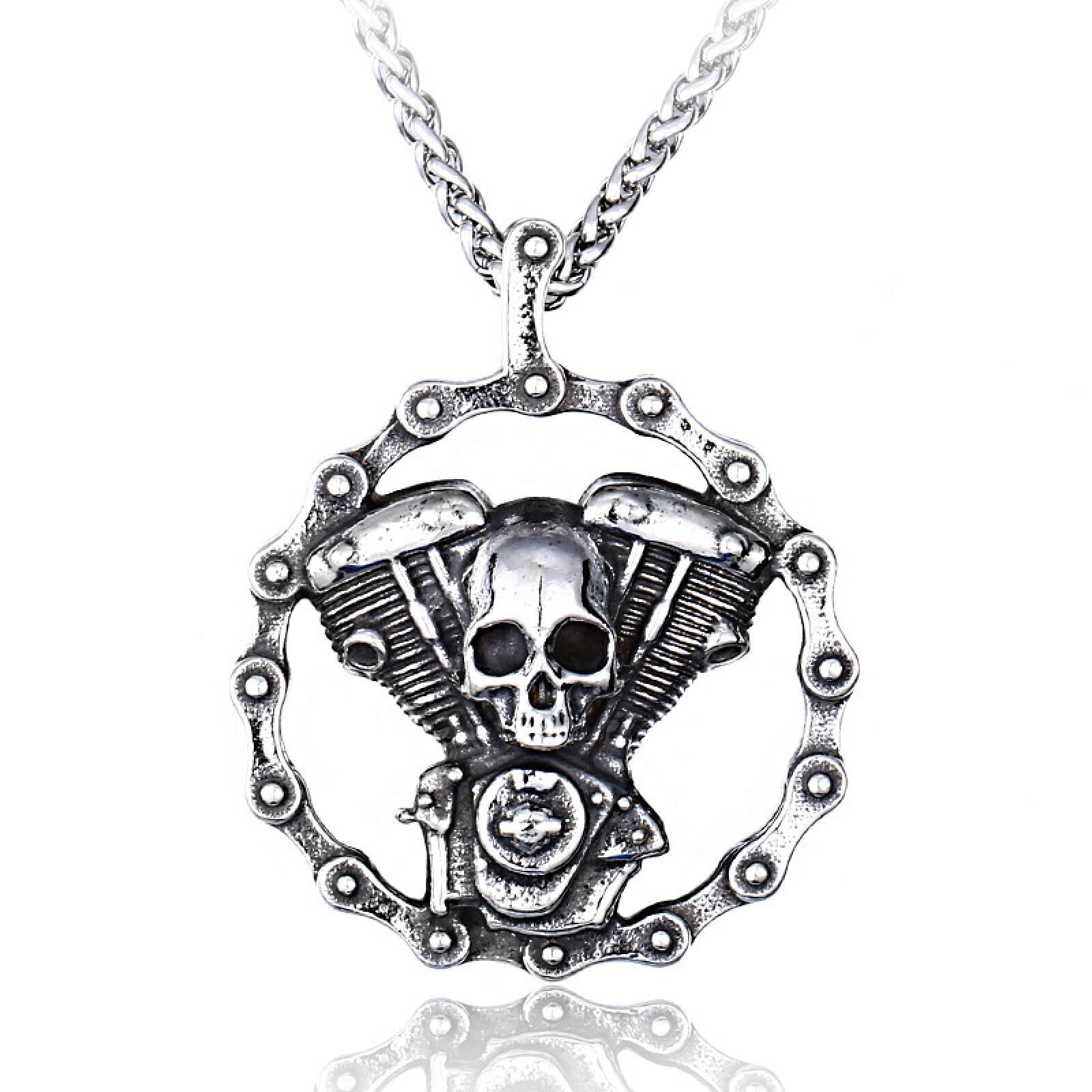 Pendentif chaîne mécanique et crâne, idée cadeau motard rock