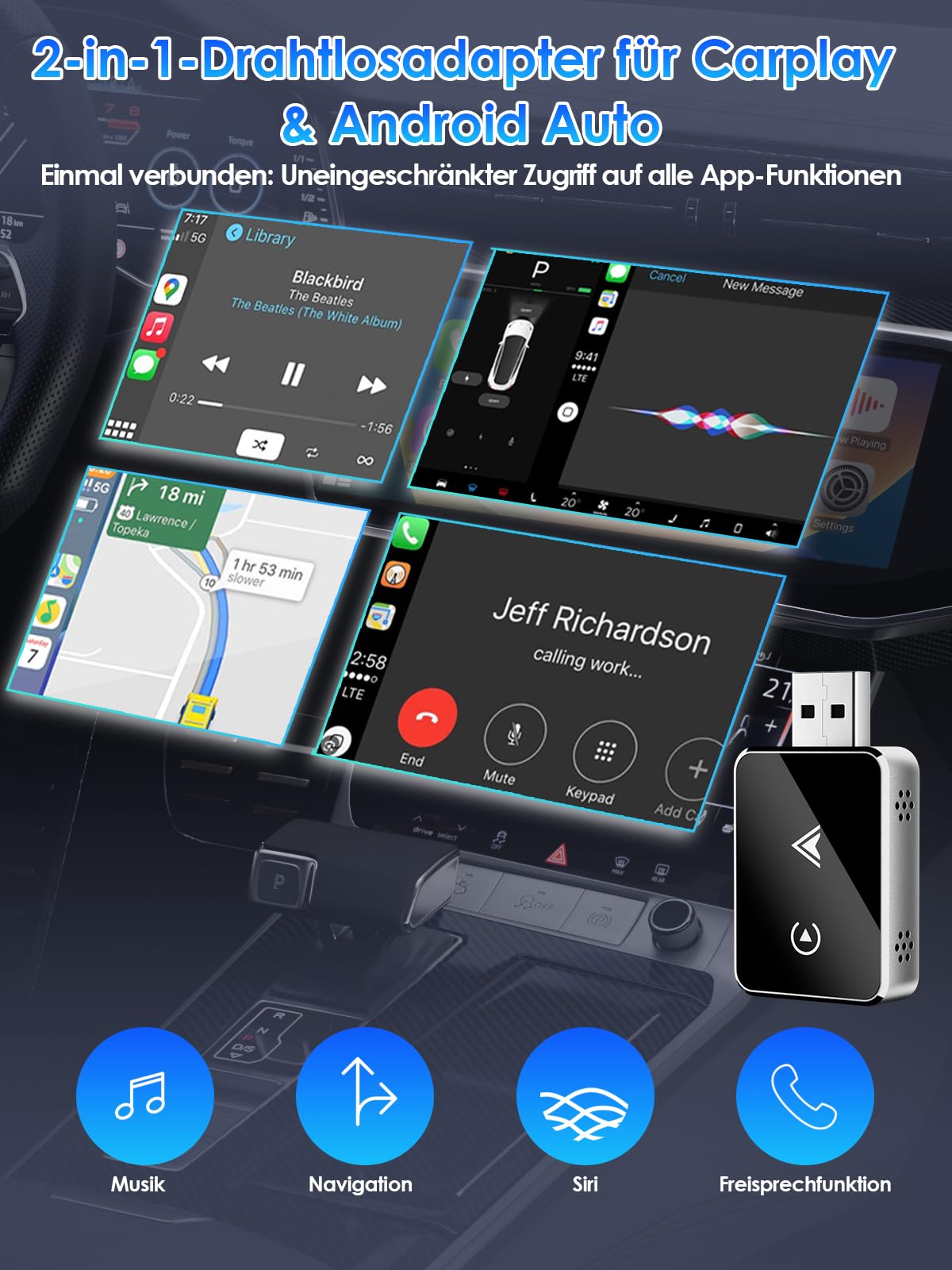 Adapter bezprzewodowy 2 w 1 do CarPlay/Android Auto, PARPAT konwersja z przewodowego na bezprzewodowy z USB/Type-C, stabilne połączenie i brak opóźnień, kompatybilny z iPhone/Android