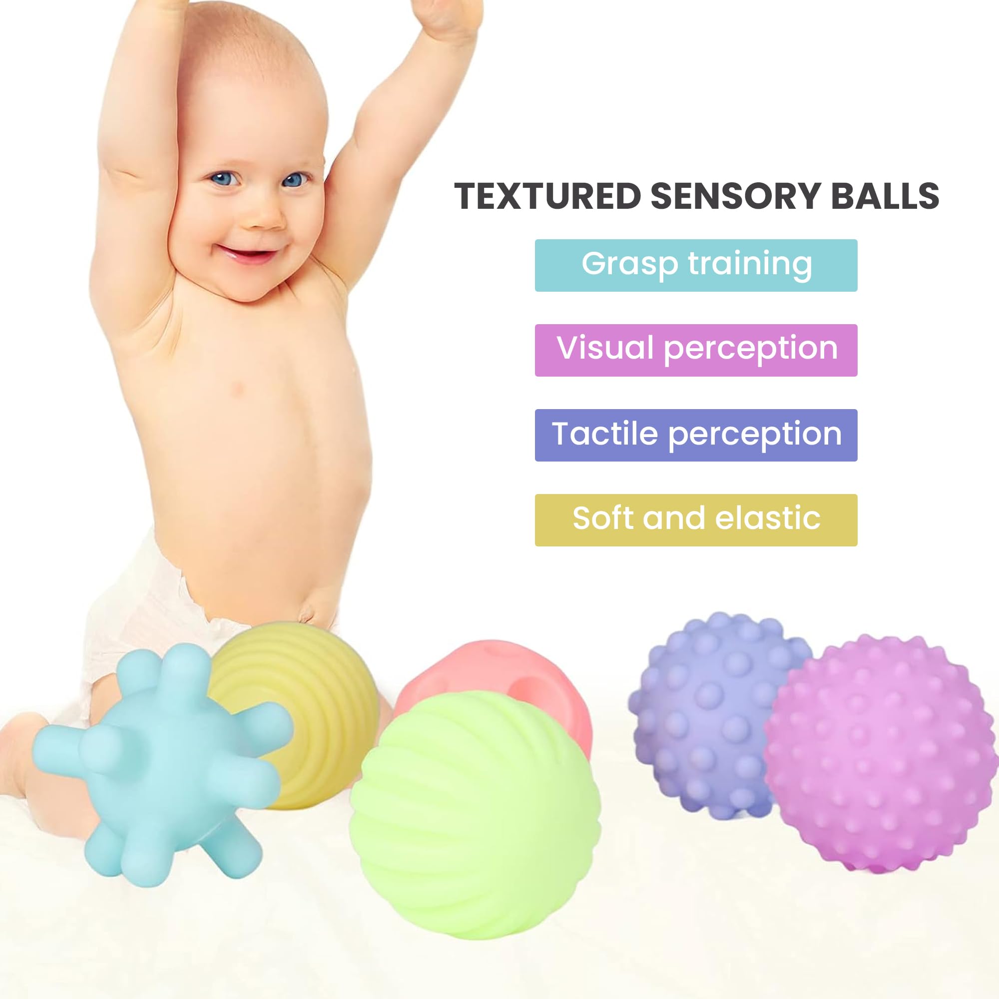 Kidology Montessori Sensory Silicone Ball Set for Toddlers Multicolor & Bright Handing Catching Balls, Toys for Babies 10+ Months, Soft Stress Relief Toys for Boys Girls Set of 6 (Pastel) - Image 6 thumbnail