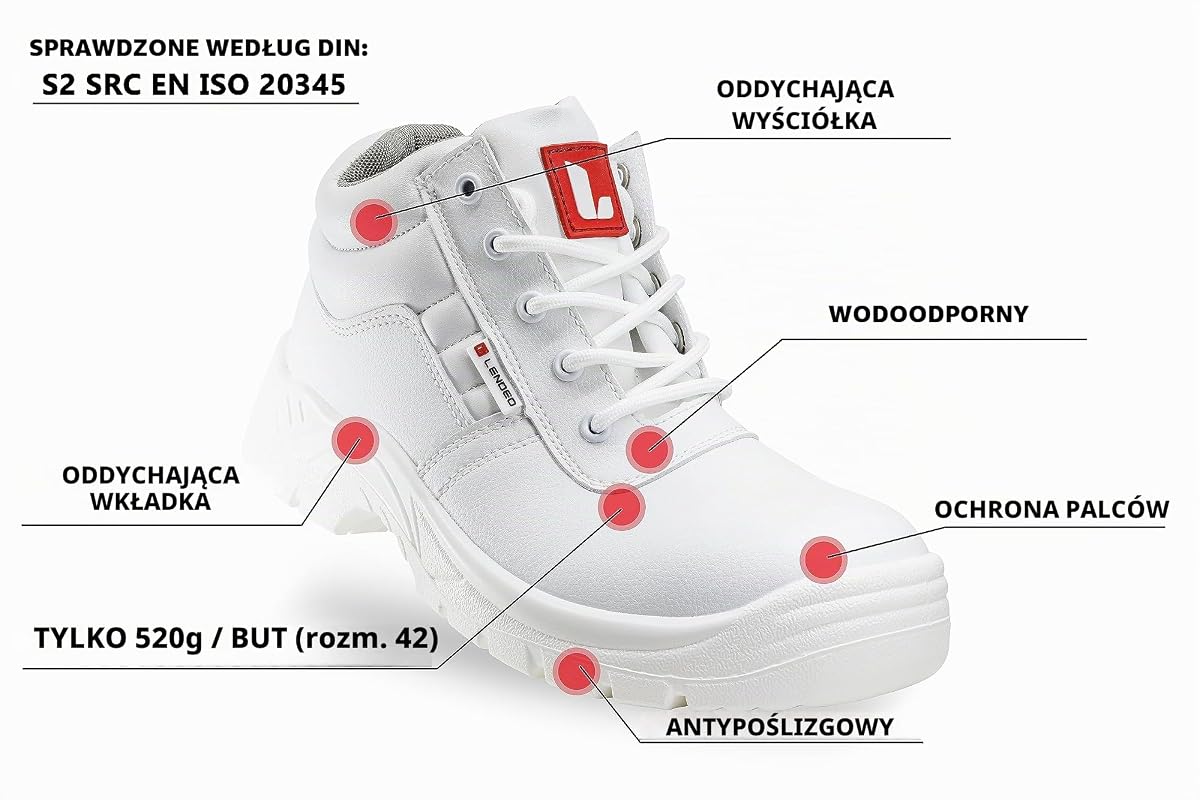 Loop S2 wysokie białe buty ochronne, buty robocze, buty do gotowania, biały, 41 EU