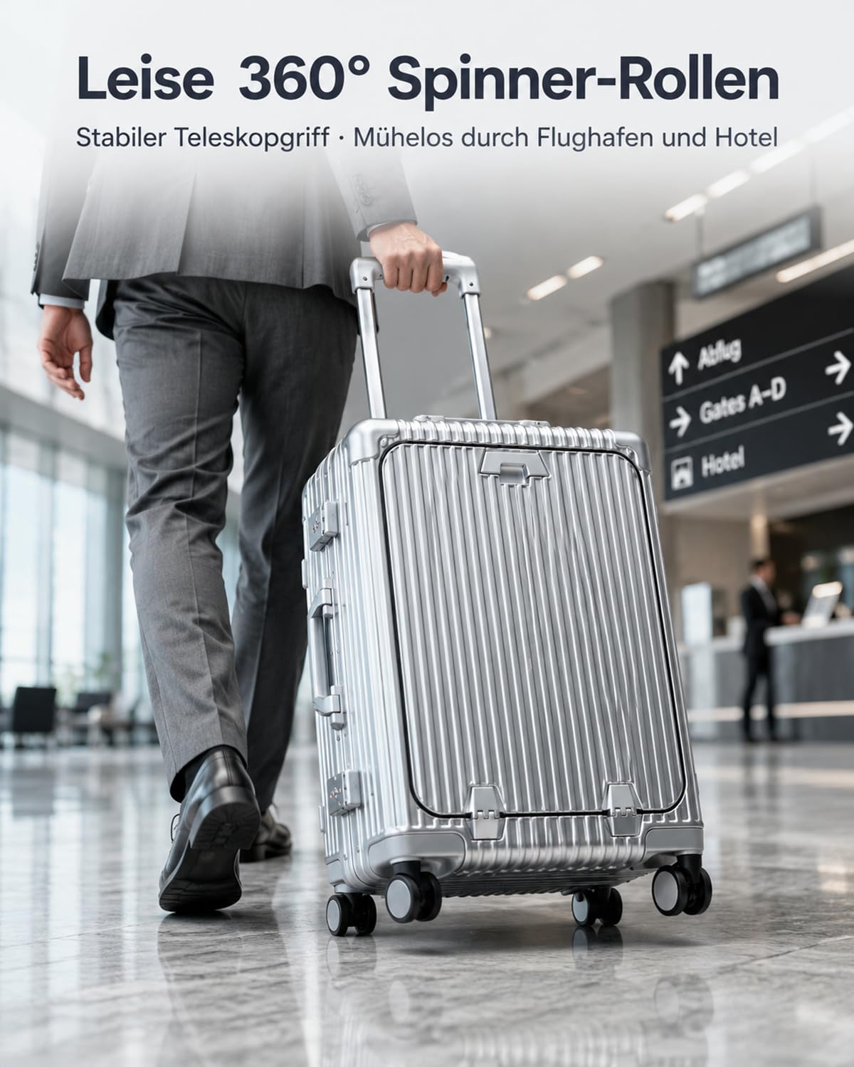 LANMOU Valigia da Cabina Rigida 56 cm, Telaio In Alluminio e PC, Argento | Trolley da Cabina con 4 Ruote, Serratura TSA, Porta USB, Portabicchieri, 56 x 35 x 23 cm