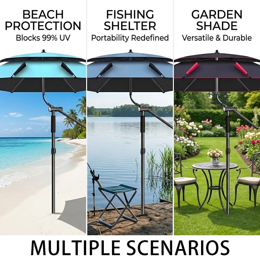 Generico Ombrellone da Spiaggia con Protezione UPF 50+, Parasole Spiaggia Inclinabile con Ancoraggio a Sabbia, Ombrellone da Esterno Antivento per Giardino All'aperto Balcone 2/2.4/2.60m(Ciano,2.40m)