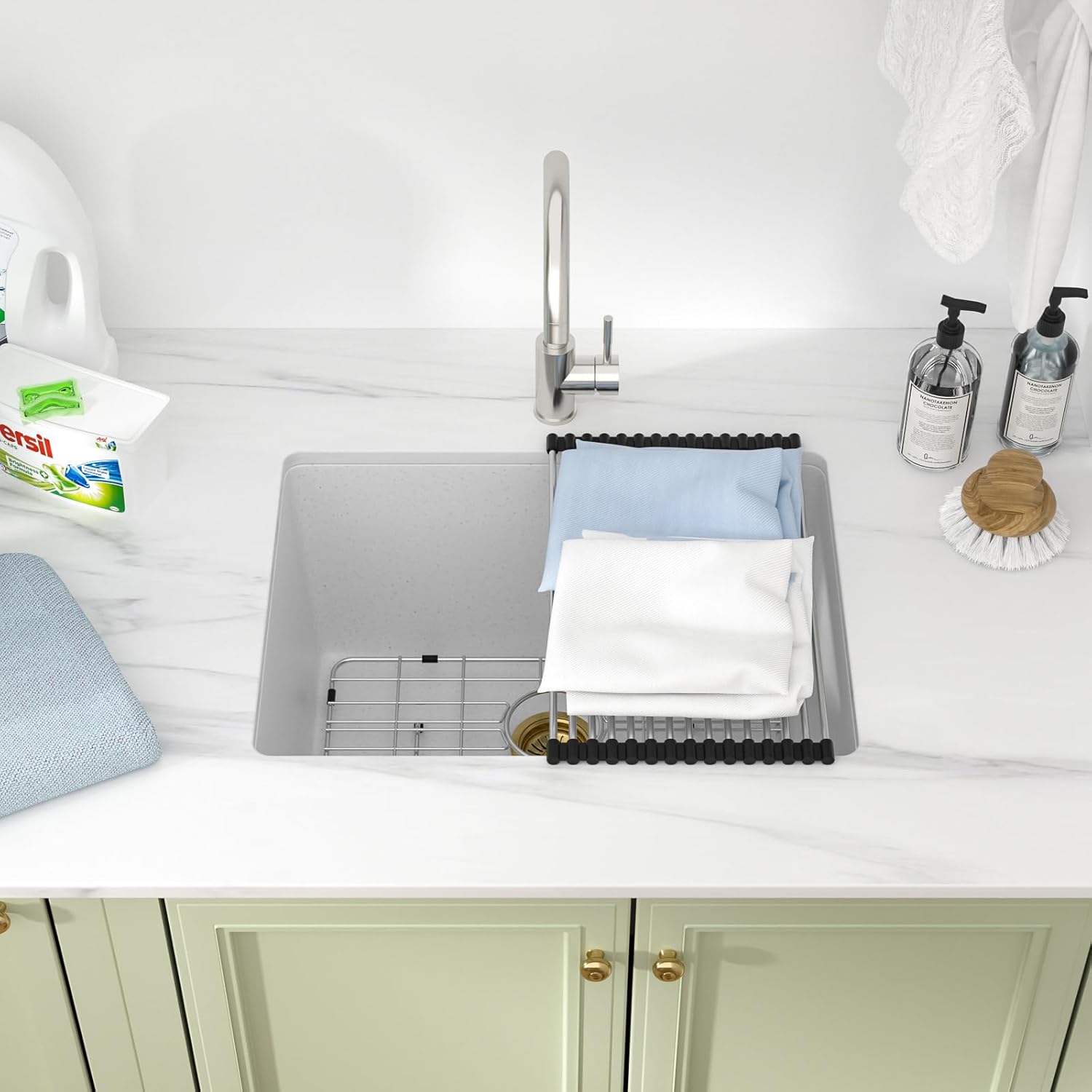 24 Inch Laundry Sink Undermount – 24 x 18 x 12 Inch Quartz Granite Composite White Utility Sink 12 Inch Granite Basin, Durable Single Bowl Deep Basin for Laundry Room