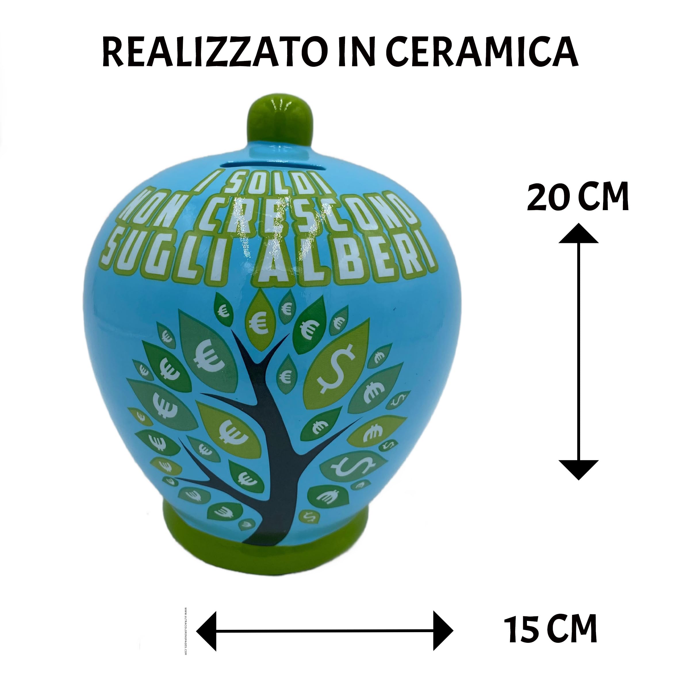 Salvadanaio in ceramica decorativo - Idea regalo Salvadanaio alto 20 centimetri (I Soldi Non Crescono Sugli Alberi)