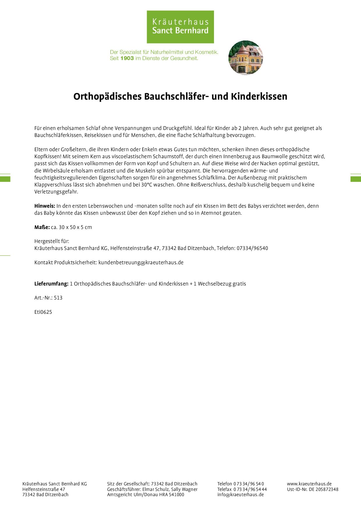 Sanct Bernhard Orthopädisches Bauchschläferkissen und Kinderkissen + Wechselbezug 30 x 50 x 5 cm