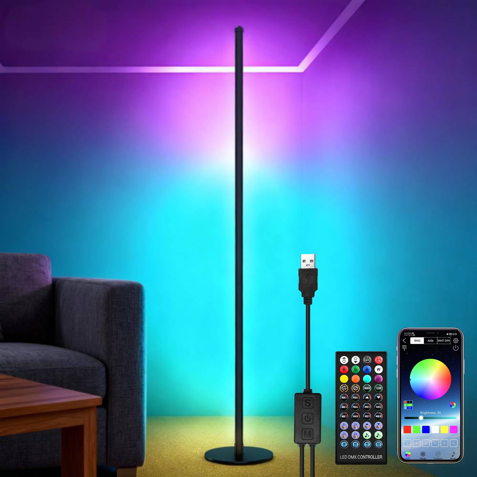 Corner Floor Lamp,156cm Tall RGB Corner Light with 16 Million Colour Changing, Music Sync, DIY Mode, Timer, APP/Remote Control Ambience Light for Gaming Room Living Room Bedroom