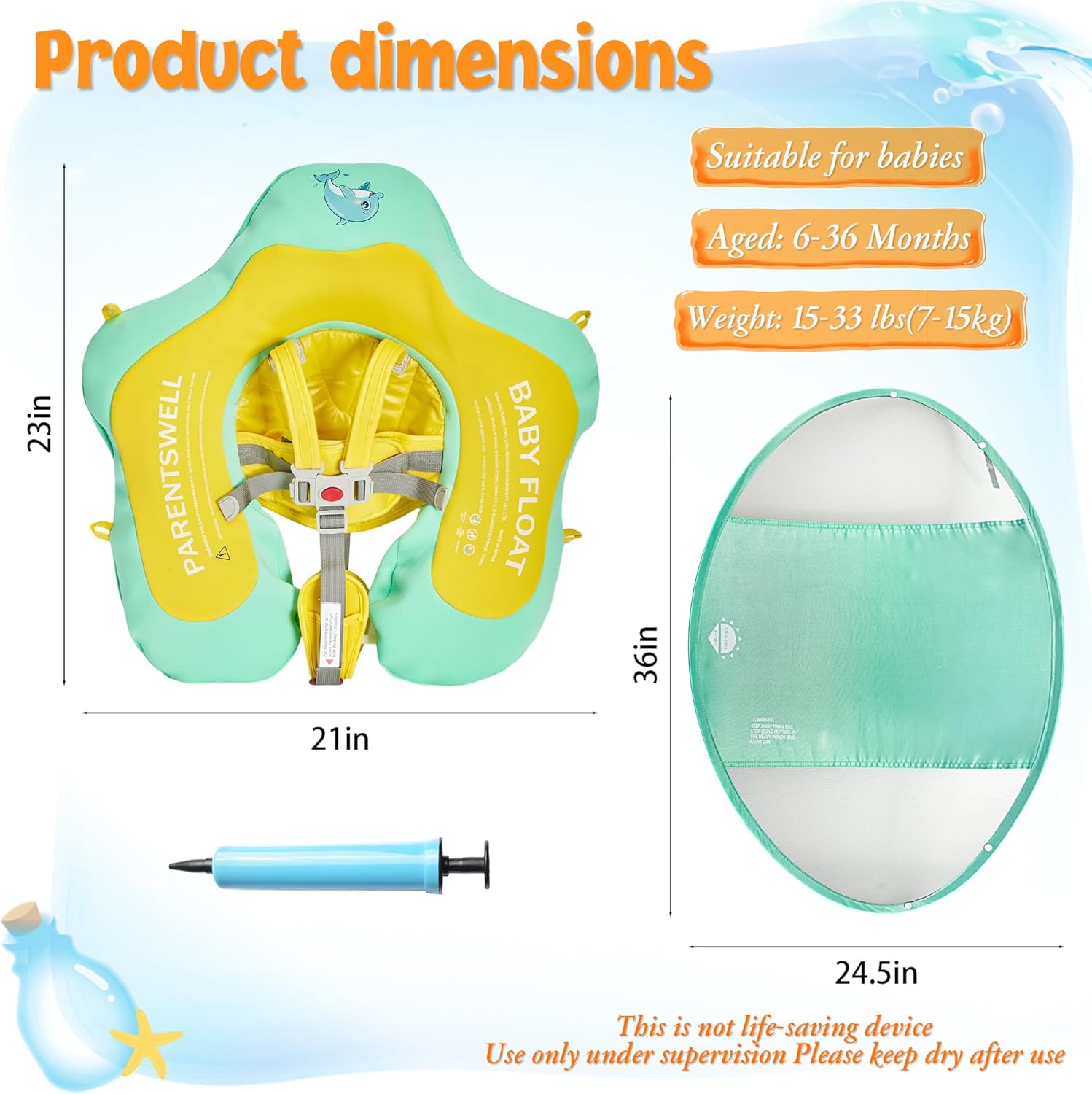 Baby Pool Float with Canopy UPF50+ Sun Protection, Soft Fabric-Covered Inflatable Baby Float, No Flip Over Infant Swim Float for Baby 6-36 Months, Skin Protect Toddler Pool Floaties for Boys and Girls