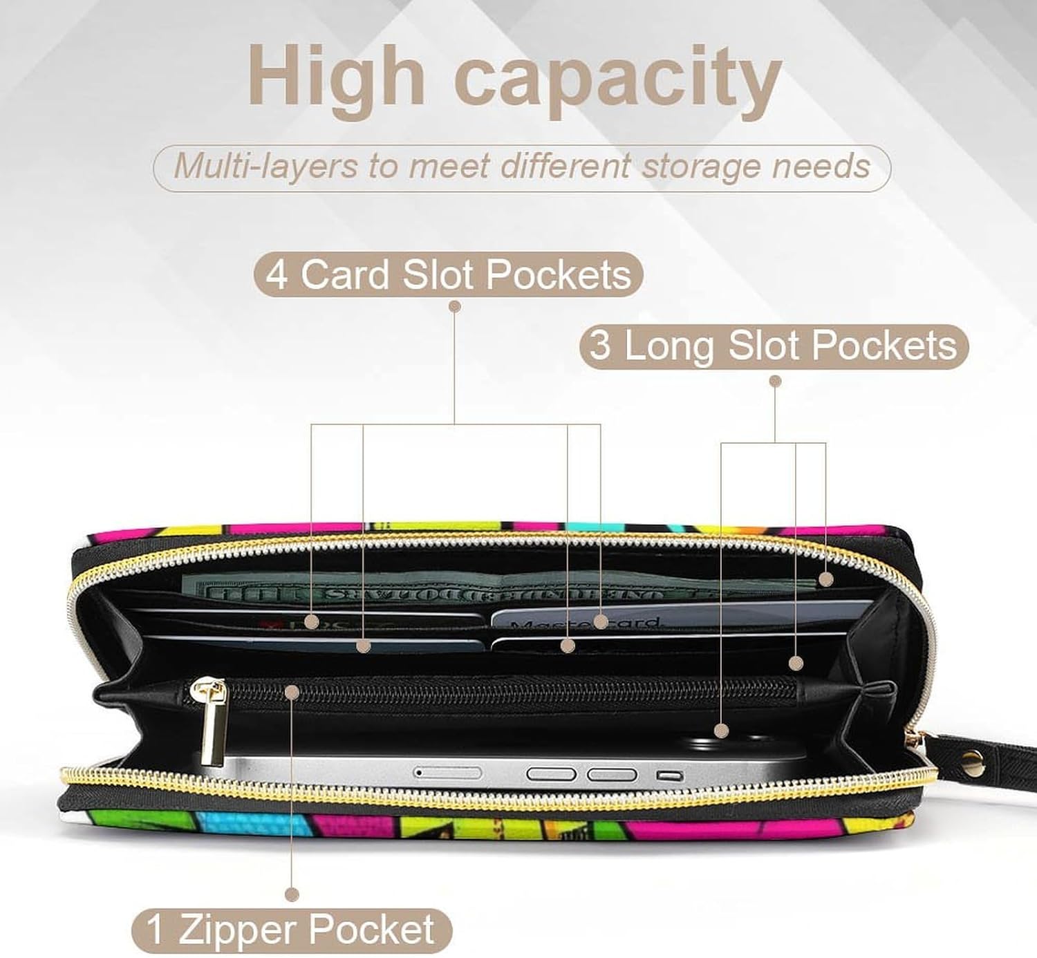 Fashion Decor Wallet, Long PU Zipper Wallet, Travel Purse Fashion Design, Huge Storage Capacity Purse With Rope Pink Geometric 80s 90s Style - Image 4