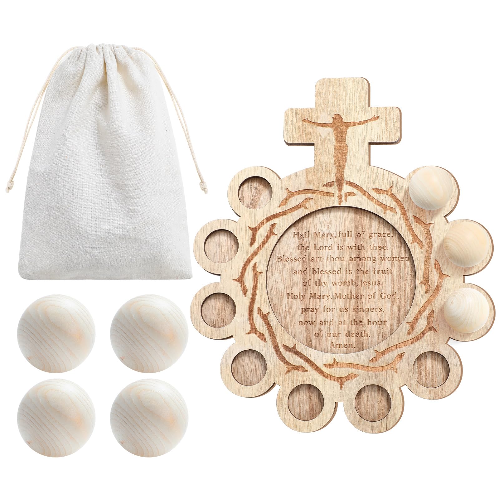 Marsui Wooden Decade Rosary Board Kit, 12 Prayer Beads &amp; Bag, Catholic Gift