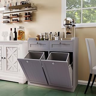 Double tilt out trash can cabinet-tilt out laundry hamper cabinet-dog proof trash -for Kitchen， Laundry Room（ Grey, Fits 13 Gallon, Easy to Assemble)