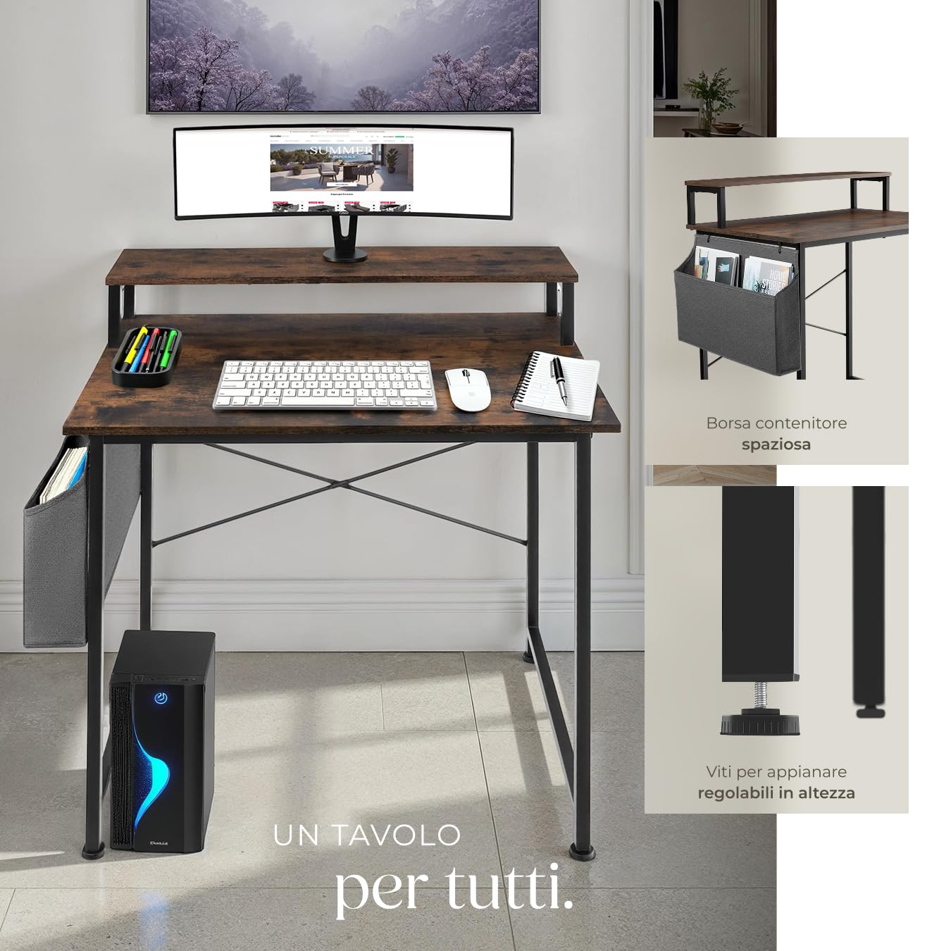 tectake® Scrivania 80x55x90cm con Ripiano rialzato per Monitor, Scrivania Gaming per Casa e Ufficio, Ideale Computer Portatile o Computer Fisso, Piedini Regolabili, Stile Industriale - Legno Scuro