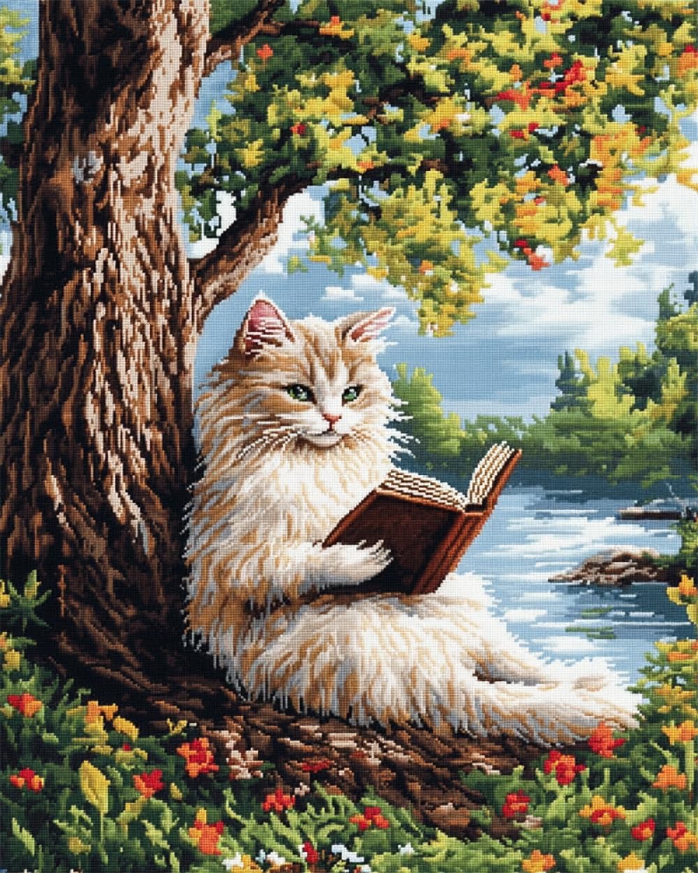 DIY Knüpfen Set Teppich Fantasietiere - Diy-Bastelset - Katze Liest Ein Buch - Diy-Teppichherstellung - Bastelset Mit Farbig Bedruckter Leinwand - Häkelstickerei - Teppichset - Heimdekorati 60x90cm
