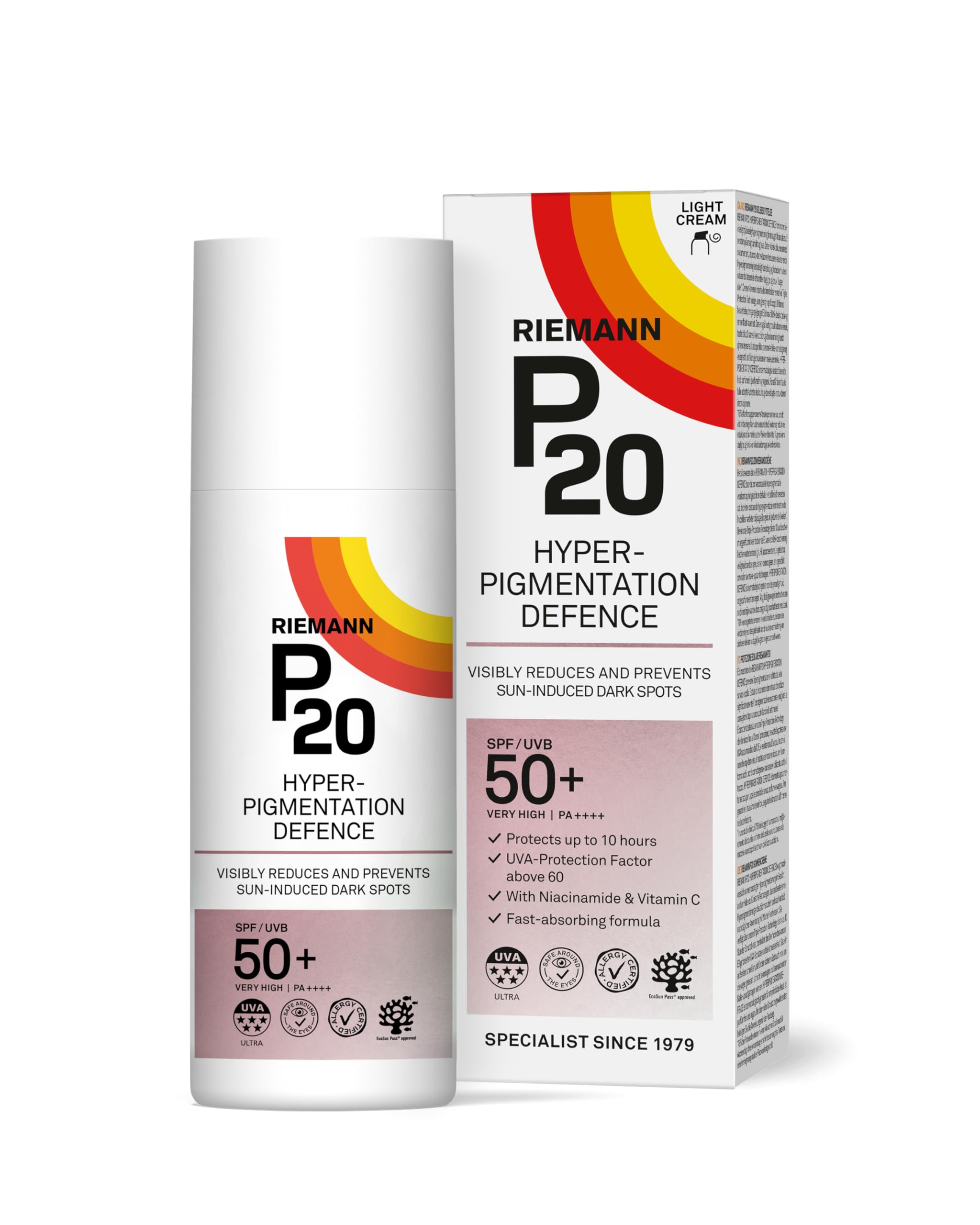 P20 ® | Hyperpigmentation Defence SPF 50+ | Reduce y previene las manchas oscuras causadas por el sol | Protección y prevención contra el envejecimiento prematuro | 50 grs
